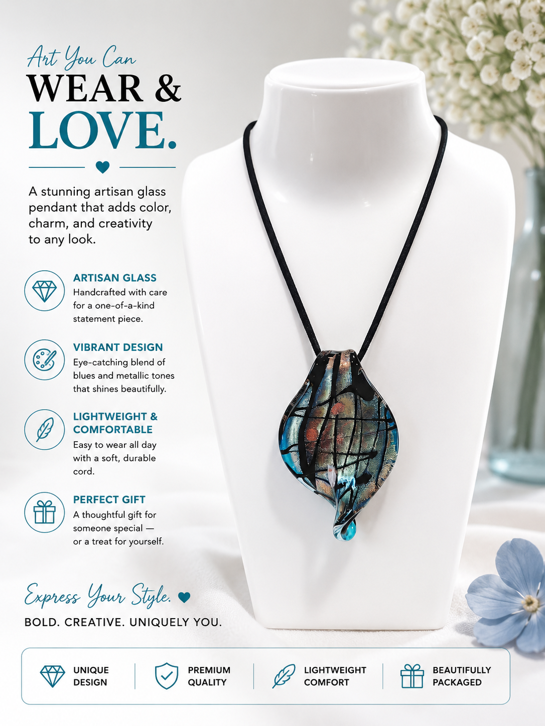 Black, Gold, and Blue Handblown Pendant Necklace