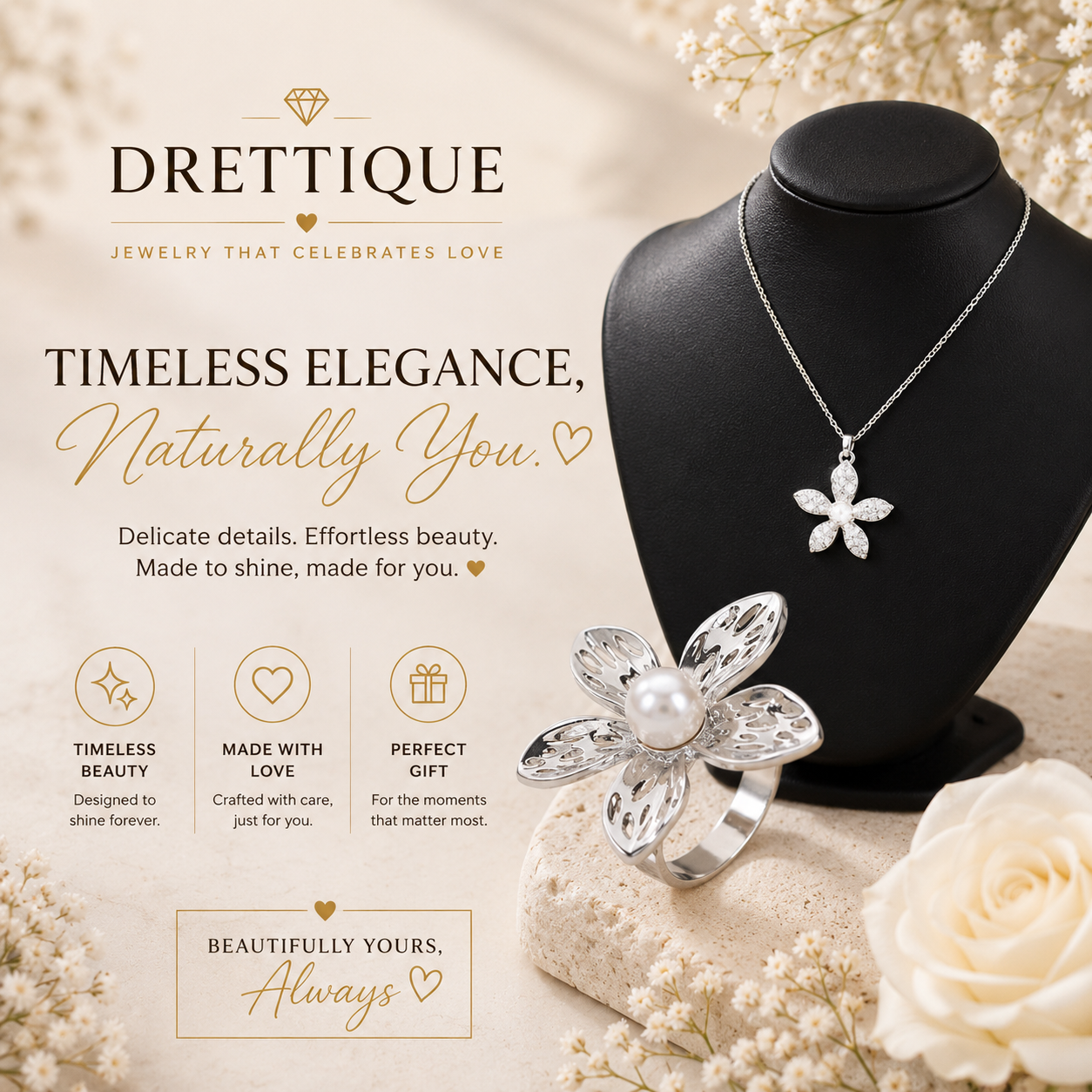 Silver Pearl Flower Women's Necklace with Matching Adjustable Ring Set