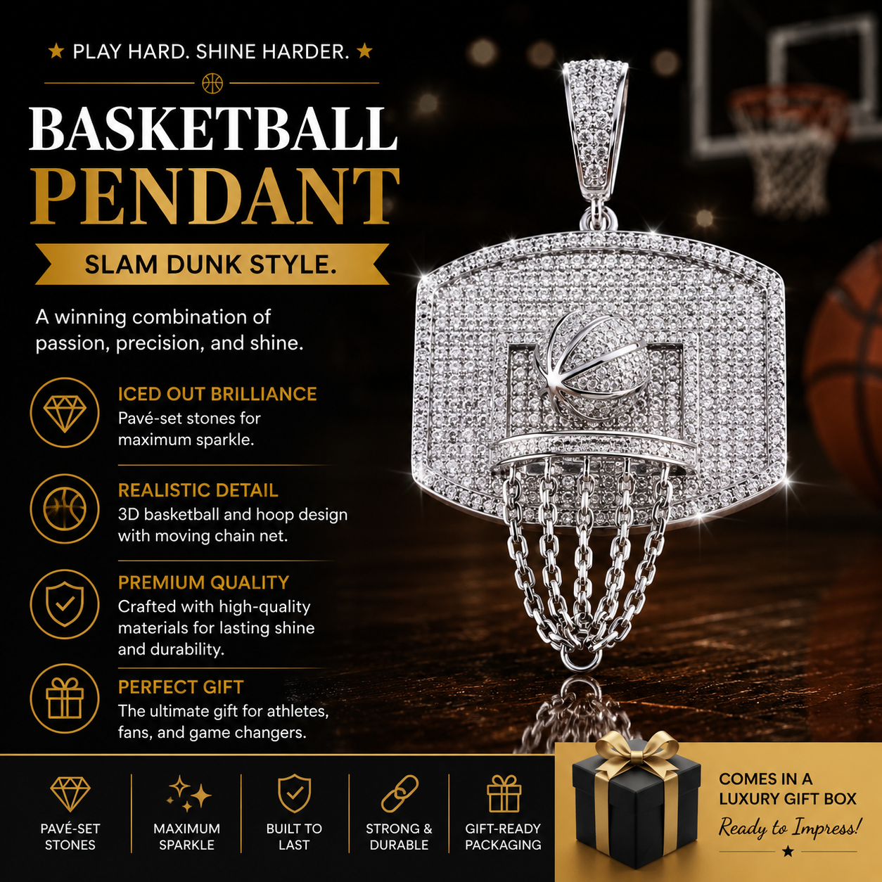 Sterling Silver with Sparkling Stones Basketball Hoop Pendant