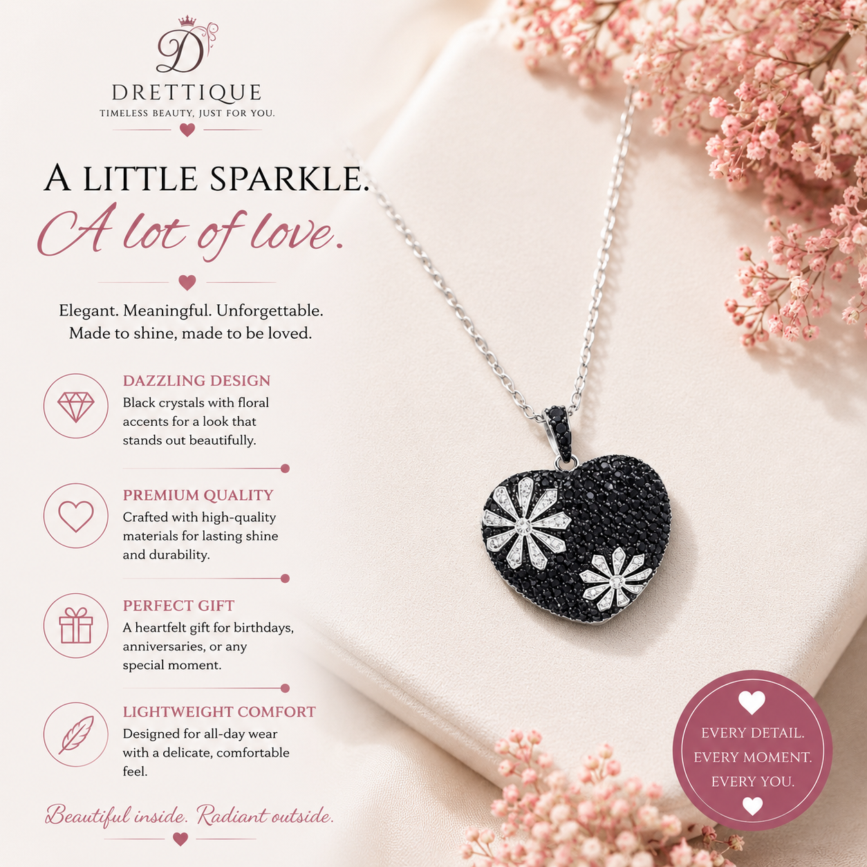 Sterling Silver Black and Rhodium Flower Design Black Heart Pendant Necklace