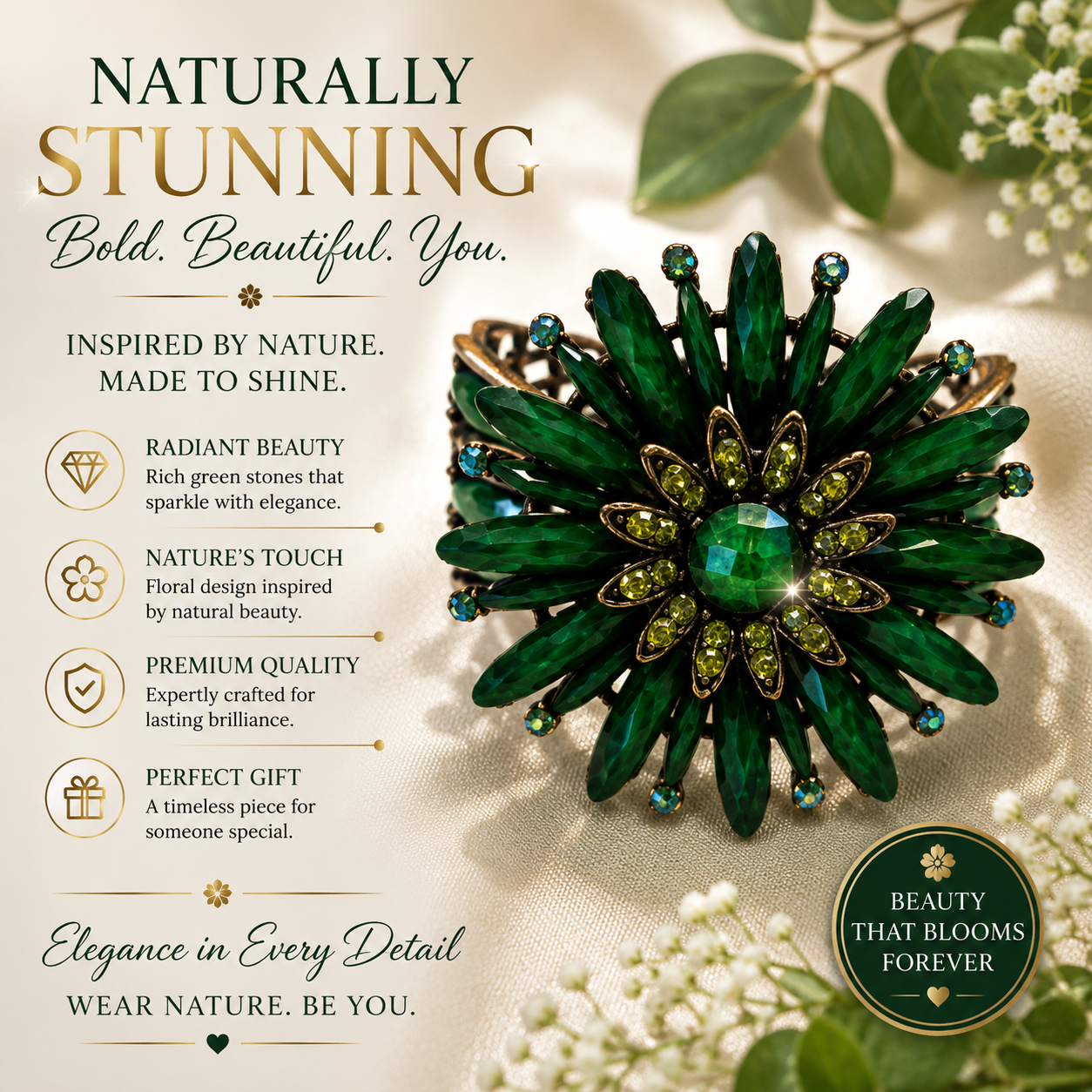 Large Green Flower Open and Close Clamp Style Bracelet
