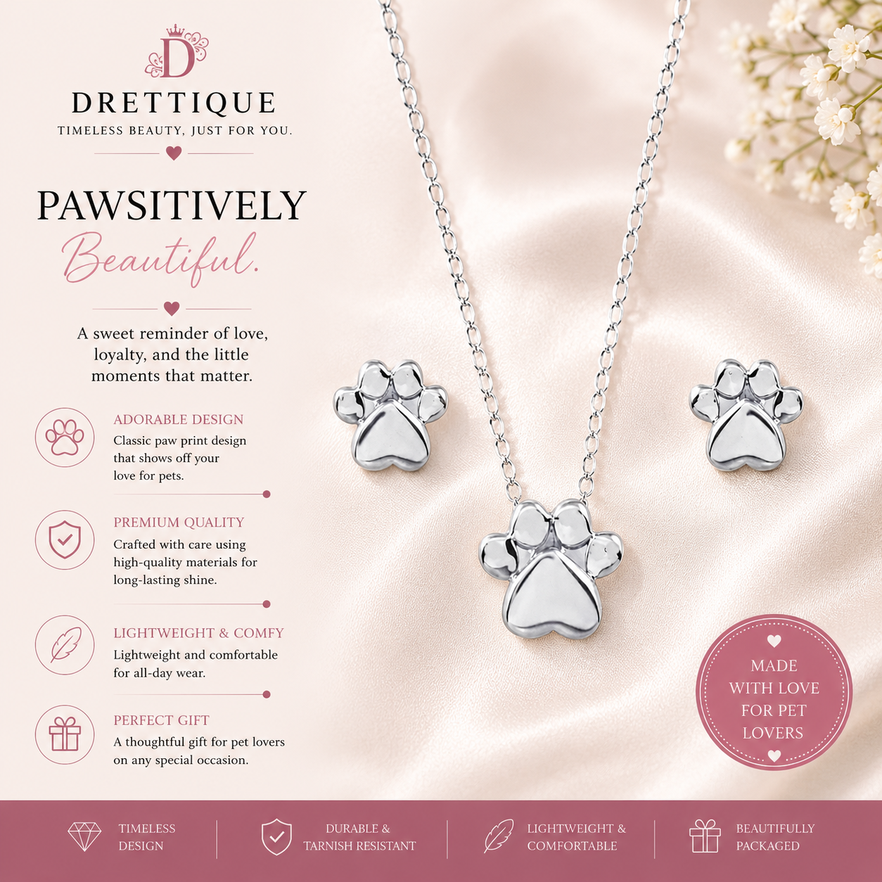Sterling Silver Polished Paw Necklace and Earrings Set