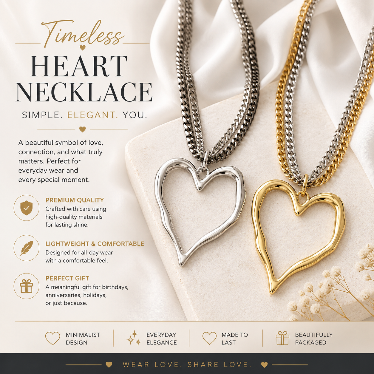 Large Open Silver or Gold Heart Shape Multi Chain Pendant Necklace