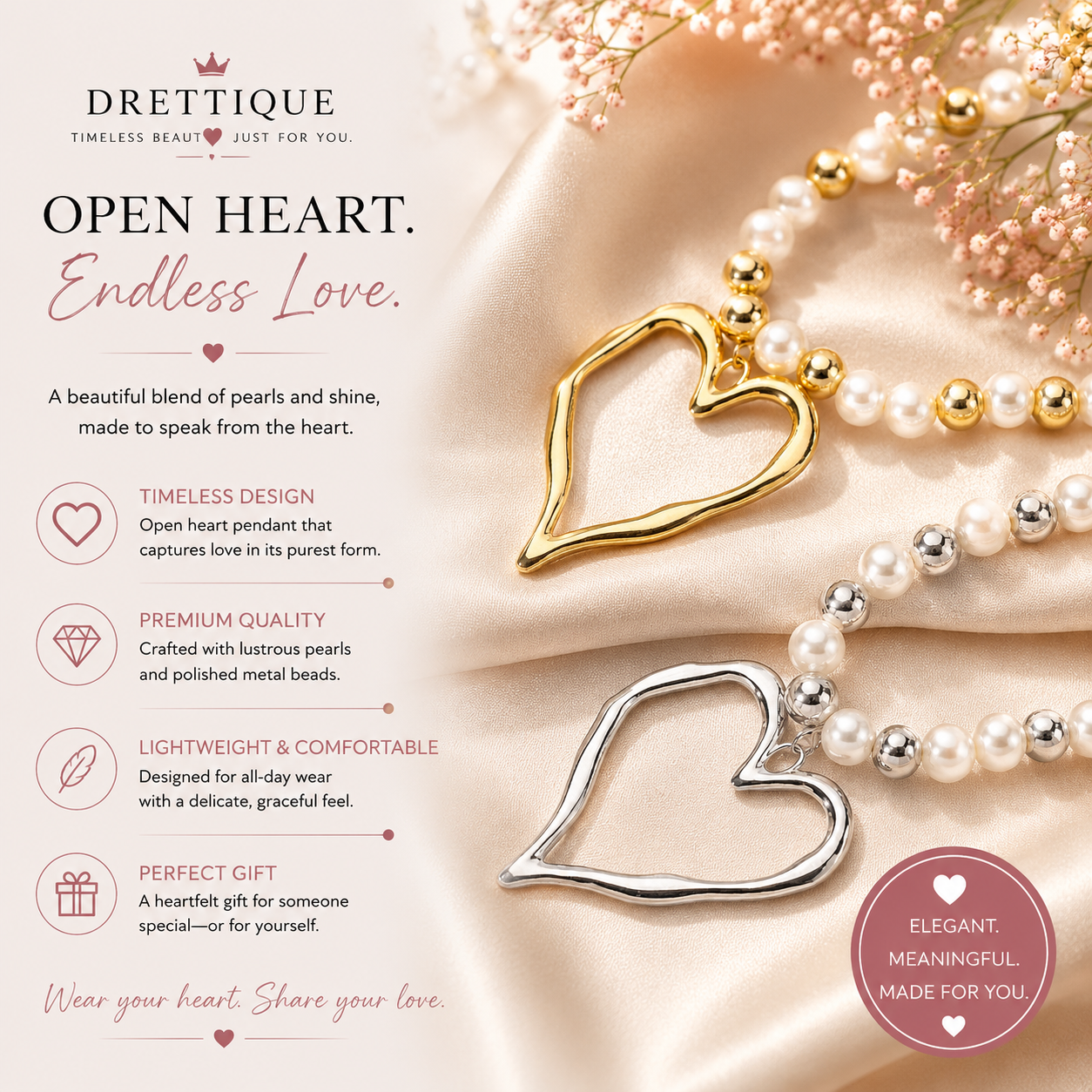 Large Gold or Silver Open Heart Pearl Necklace