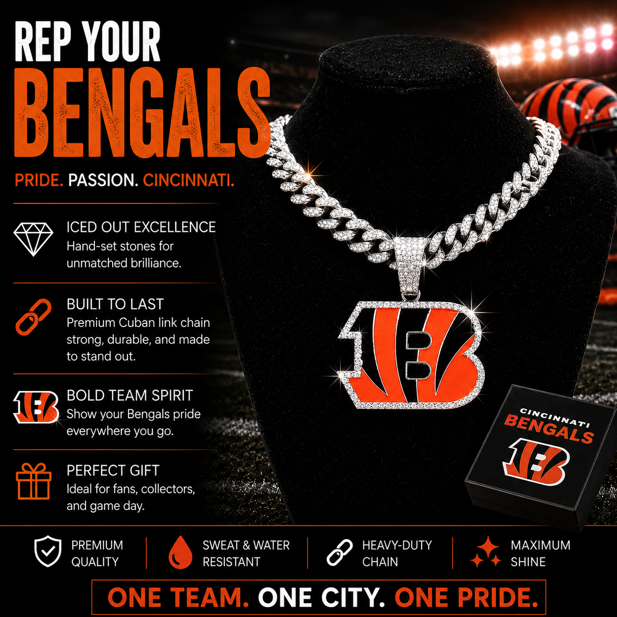 Cincinnati Bengals Pendant with or without the Cuban Link Chain Necklace