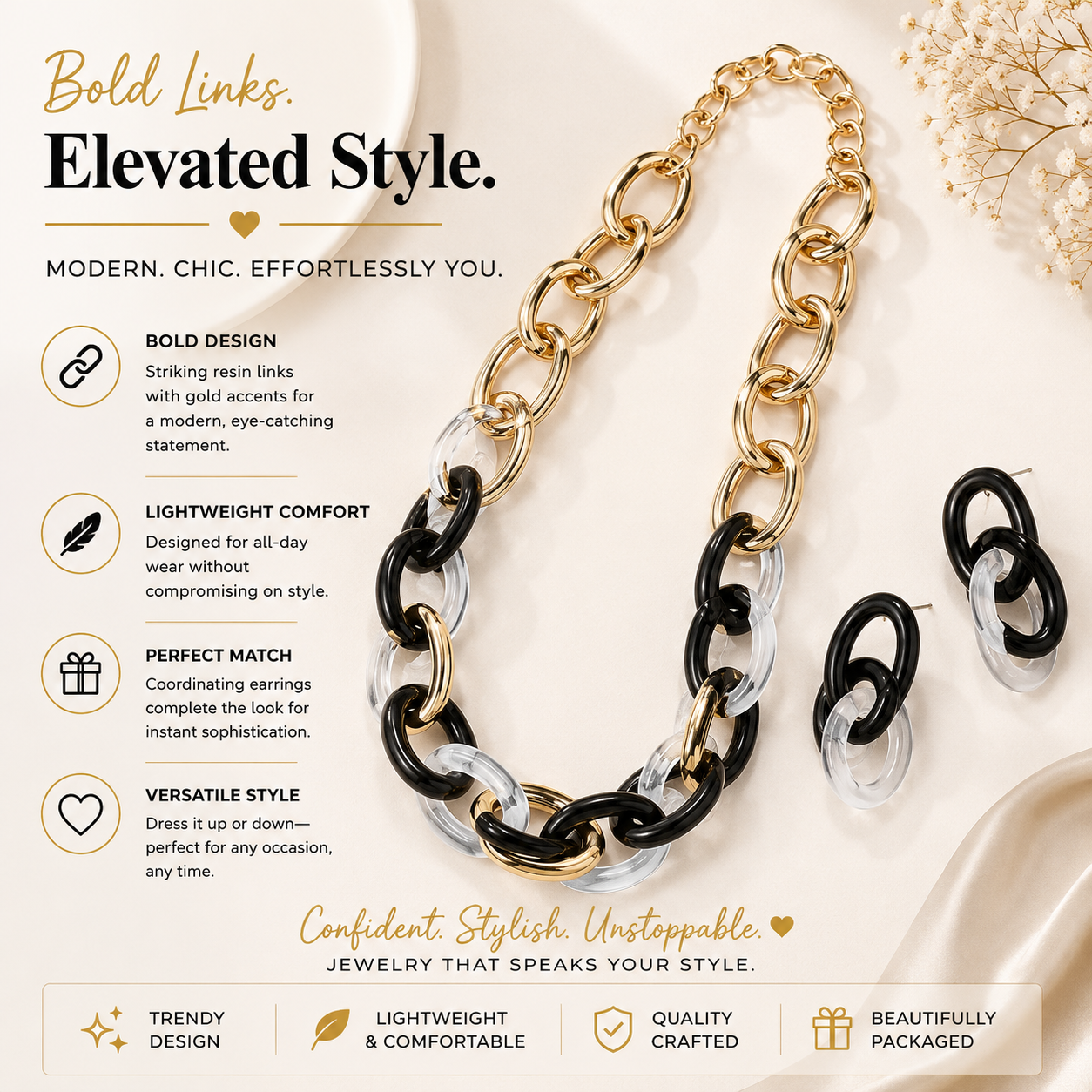 Black, White and Gold Chain Necklace with Matching Earrings