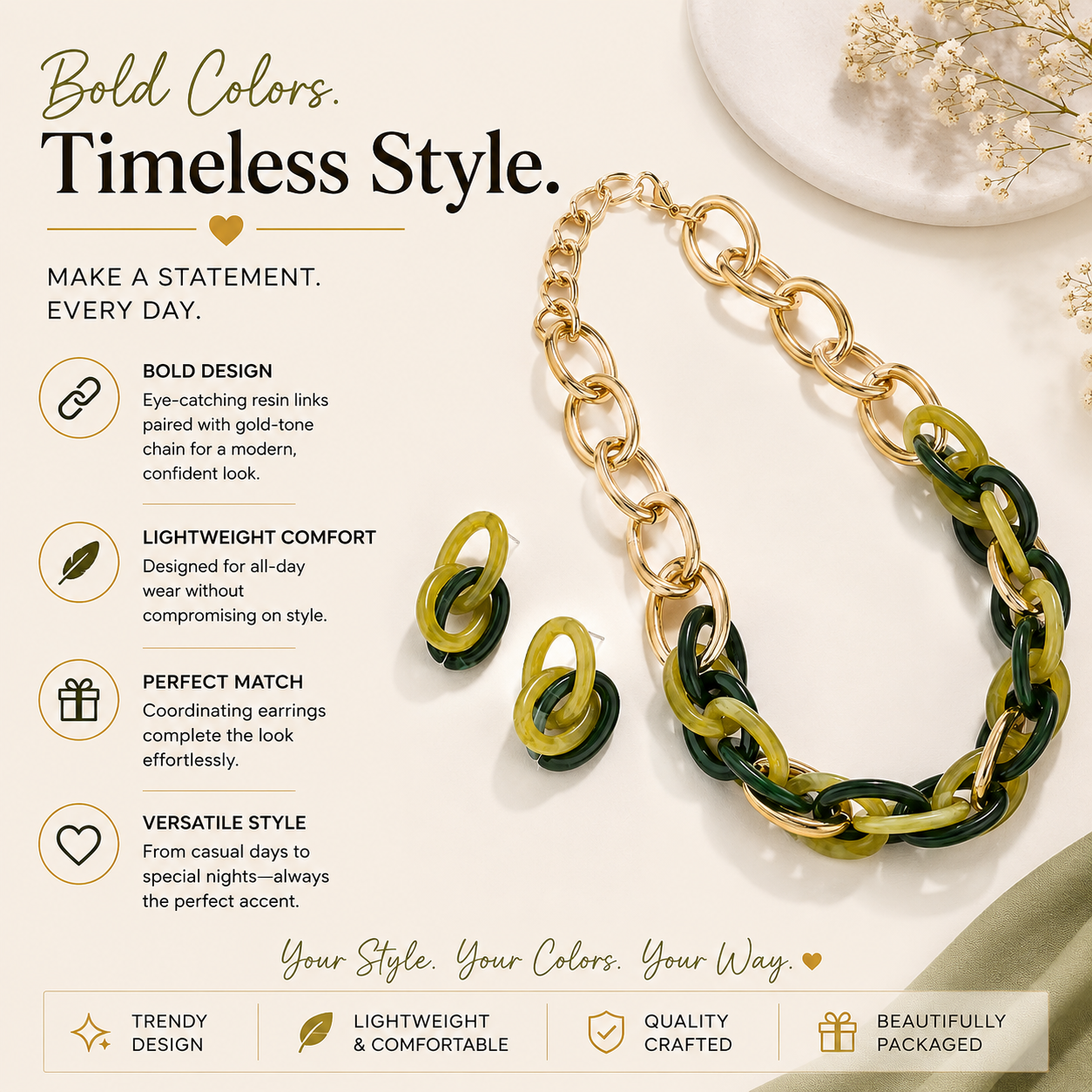 Green and Gold Chain Necklace with Matching Earrings