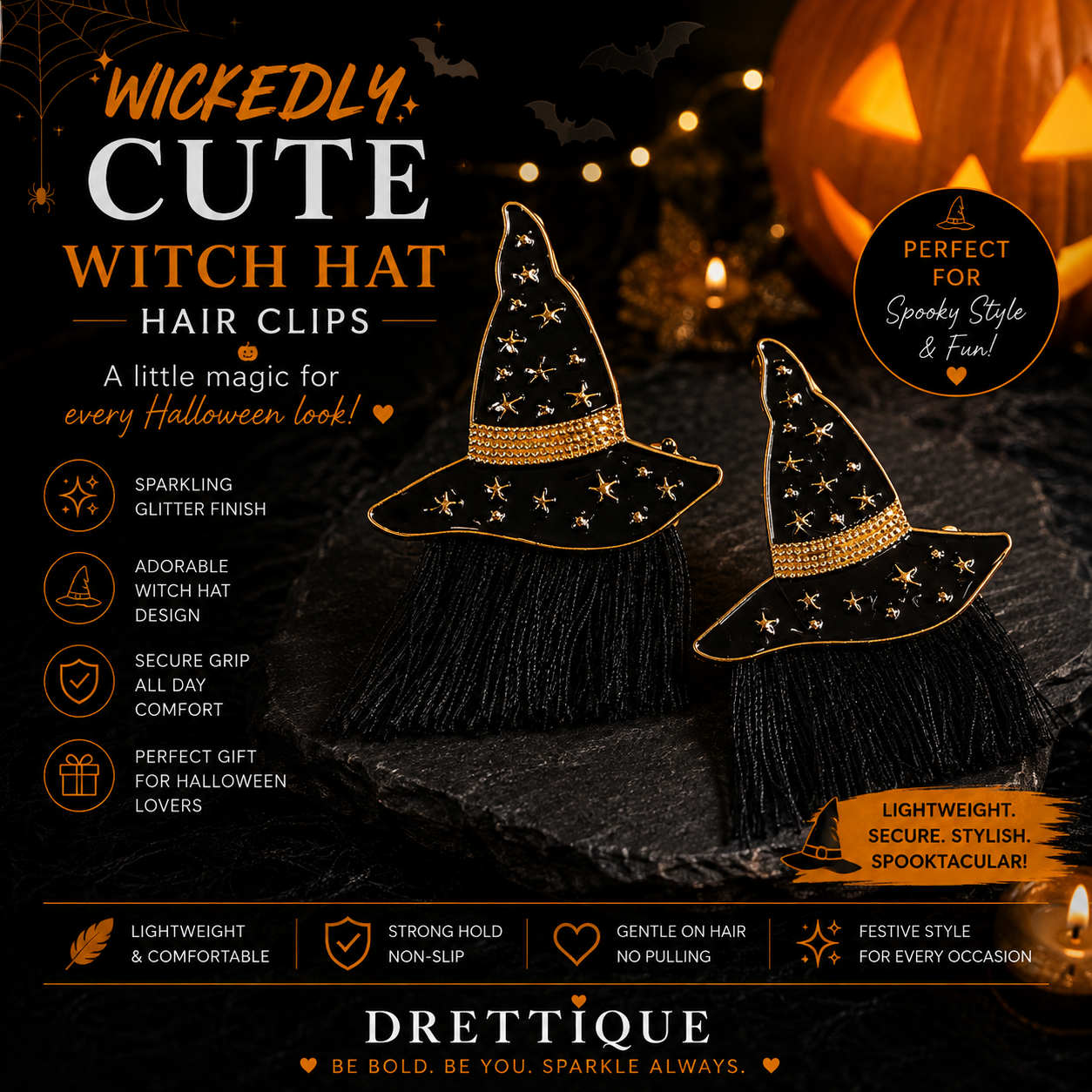 Halloween Witch Hat Enamel Earrings with Black Fringes