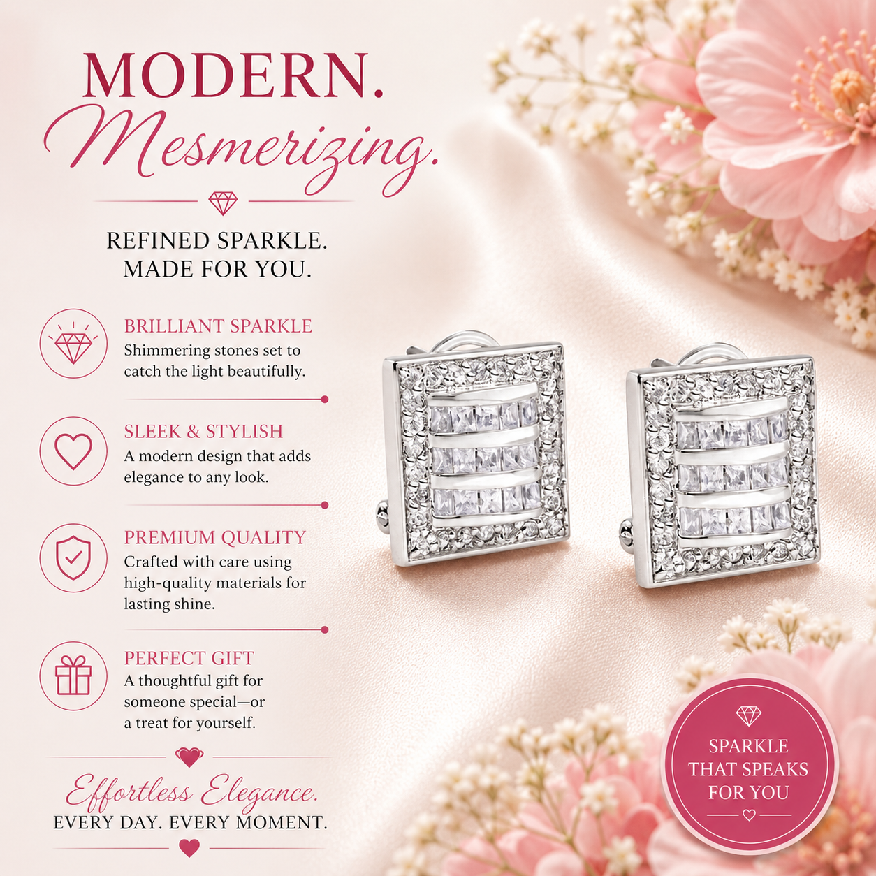 Sterling Silver Square Earrings with Clear Sparkling Stones with a Lever for a Secure Fit