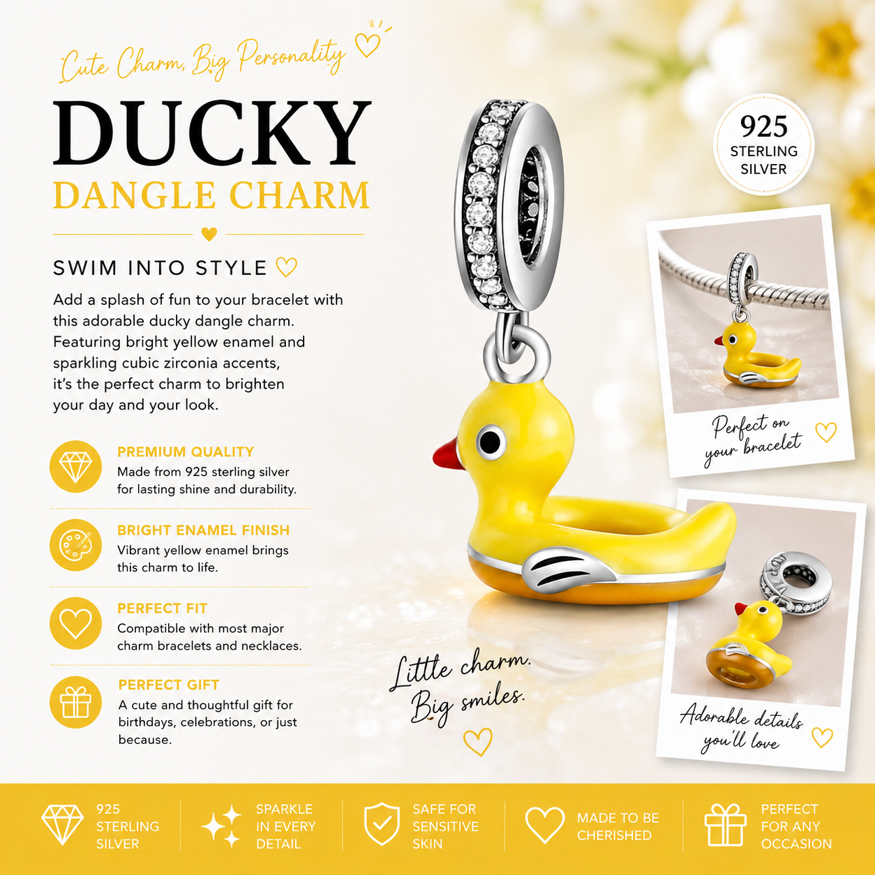 Sterling Silver Yellow Rubber Duck Bracelet Charm