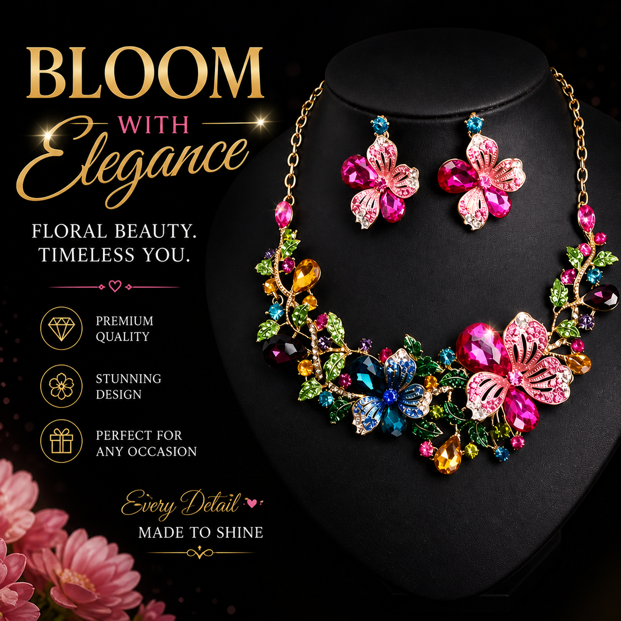 Multi Colored Gemstones Floral Necklace and Earrings Set