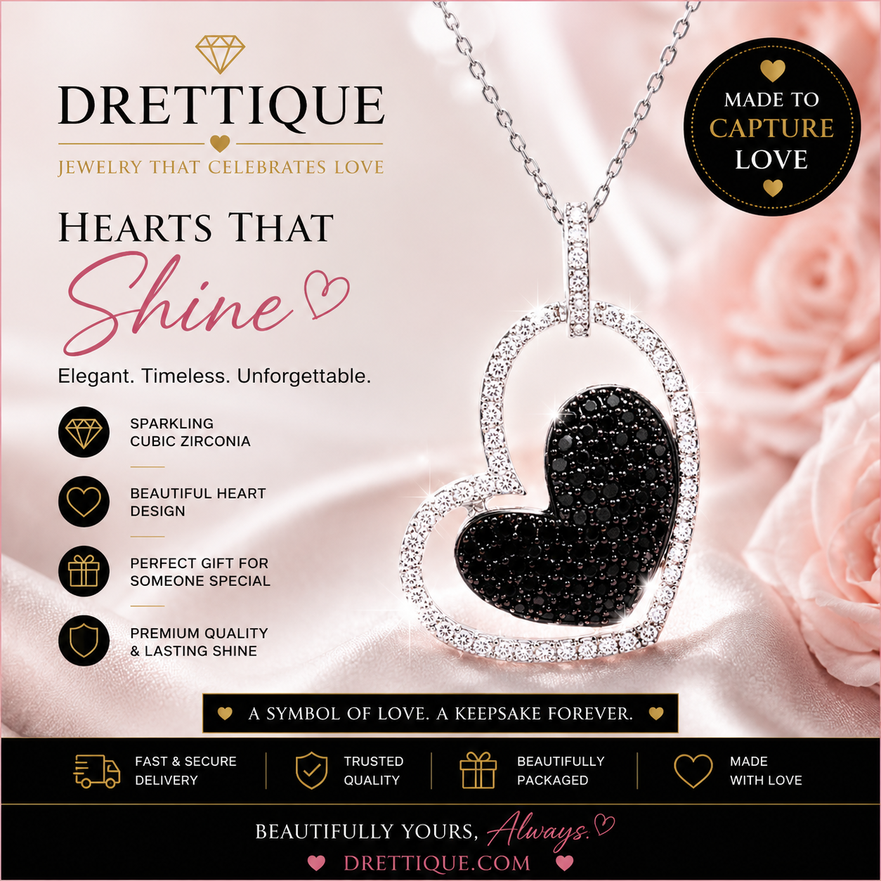 Sterling Silver Clear and Black Stone Heart Pendant Necklace