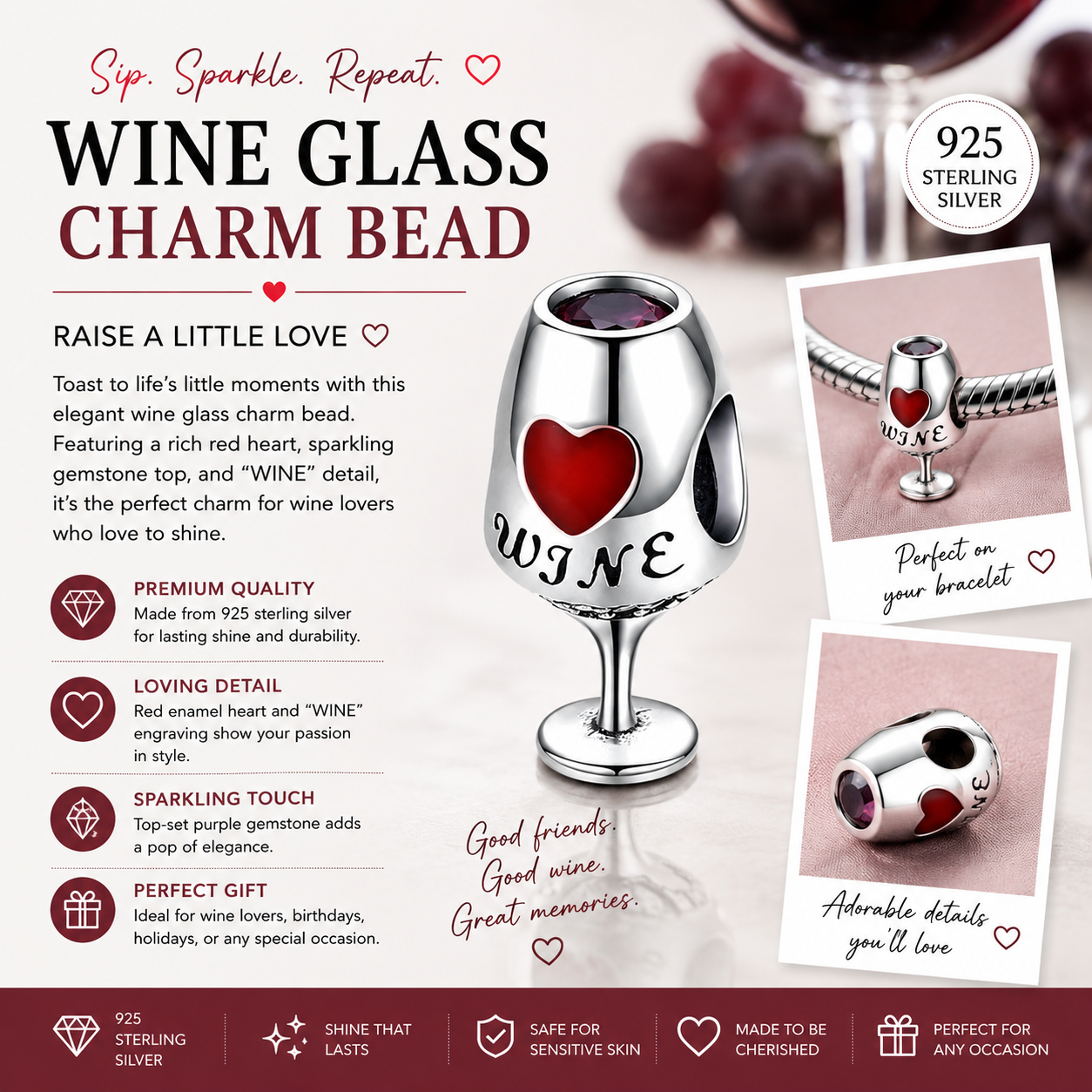 Sterling Silver Wine Bottle with a Red Heart and Rhinestones Bracelet Charm