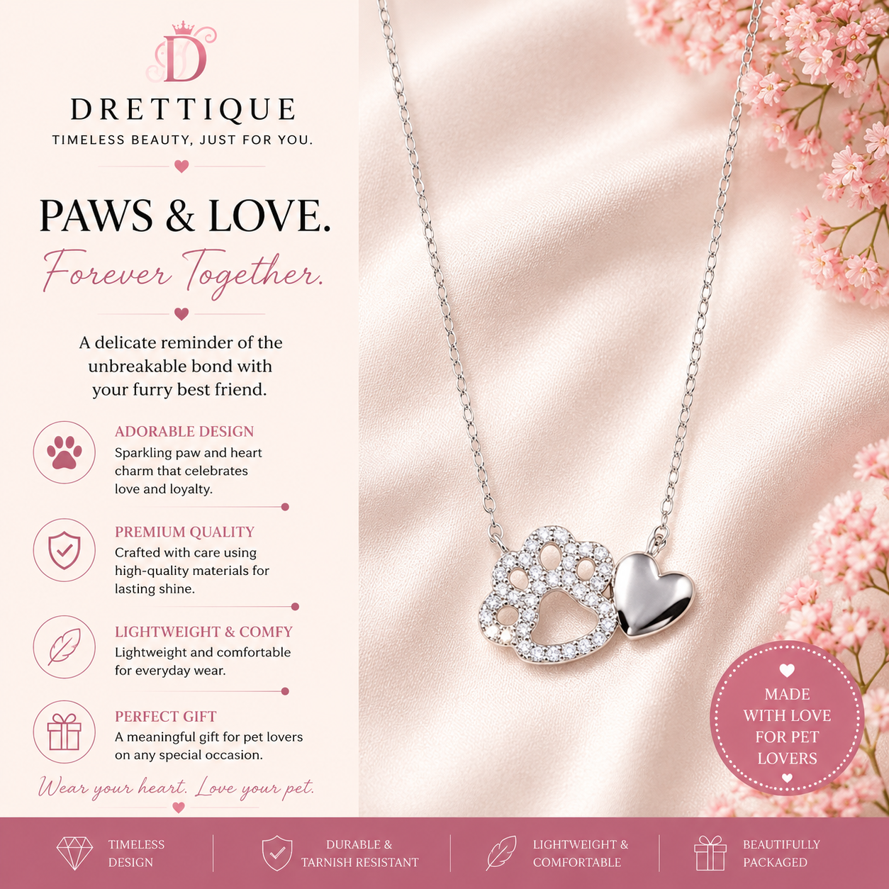 Sterling Silver Paw Heart Necklace covered with Sparkling Stones