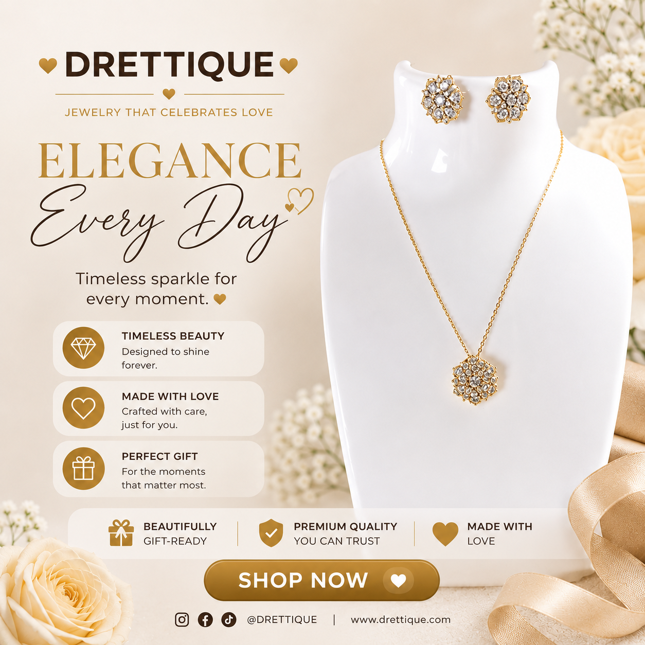 Sterling Silver in 18KT Yellow Gold Diamond Cluster Flower Pendant Necklace with Matching Earrings