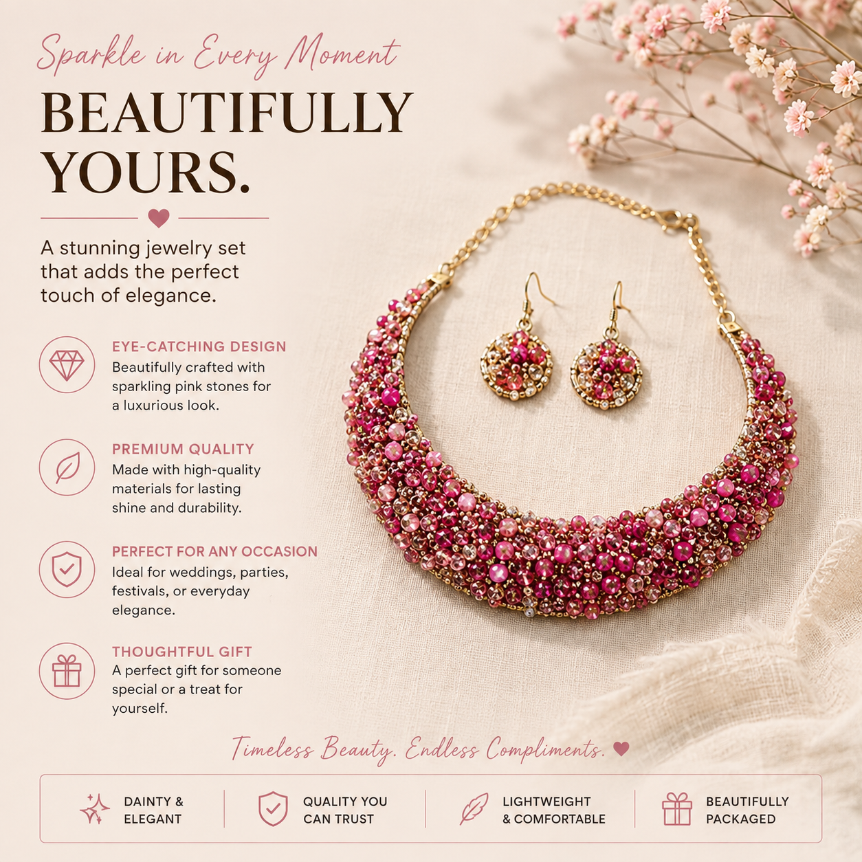 Multicolor Pink and Gold Gemstones Necklace and Earring Set