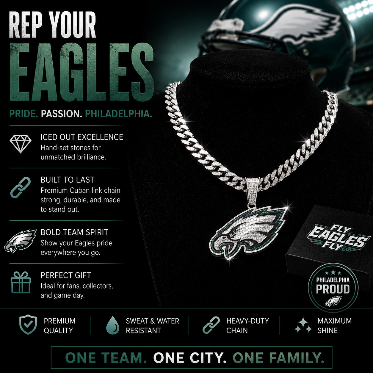 Philadelphia Eagles Logo Pendant with or without the Cuban Link Chain Necklace