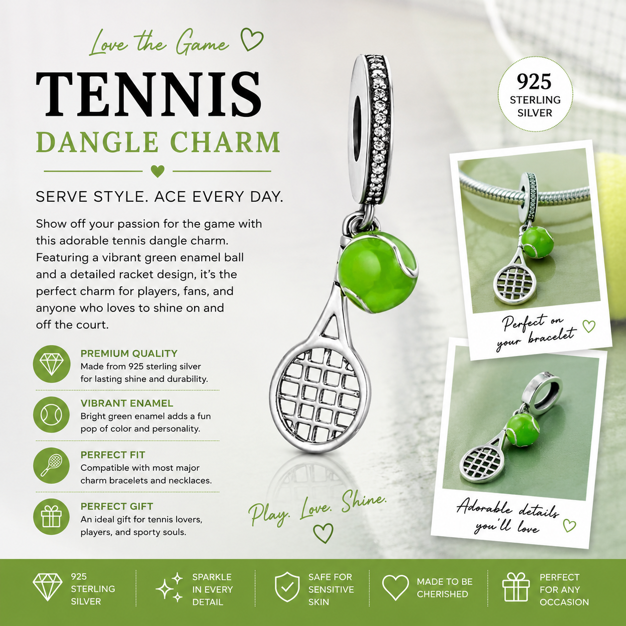 Sterling Silver Tennis Racket with a Green Ball Bracelet Charm