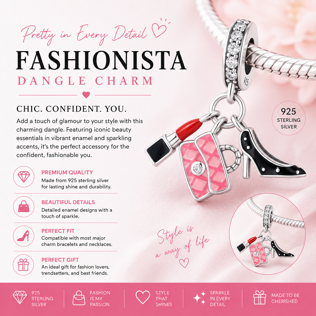 Sterling Silver Ladies Combined Red Lipstick, Pink Purse, and Black Heel Bracelet Charm