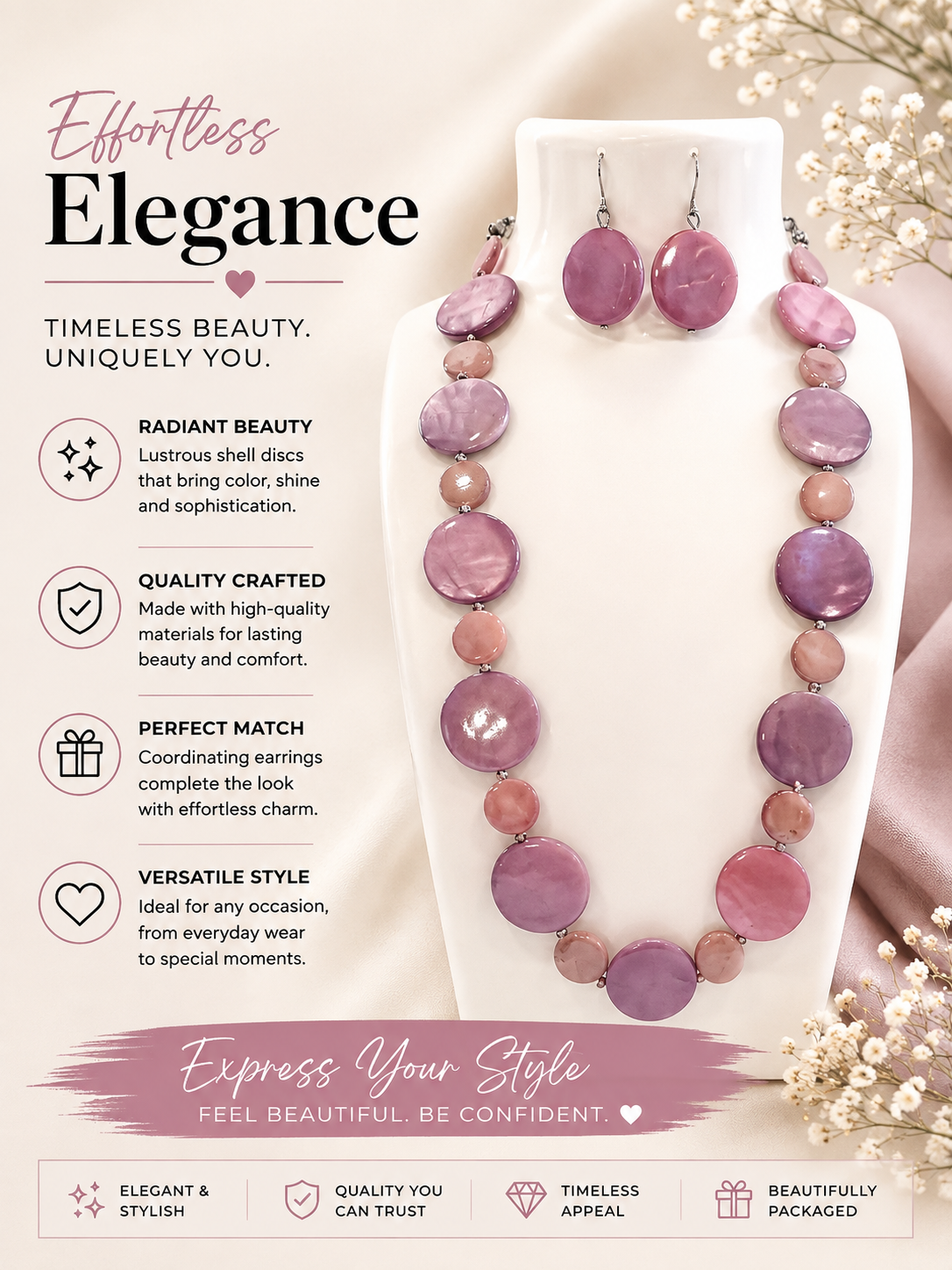 Round Lavender Color Necklace with Matching Earrings