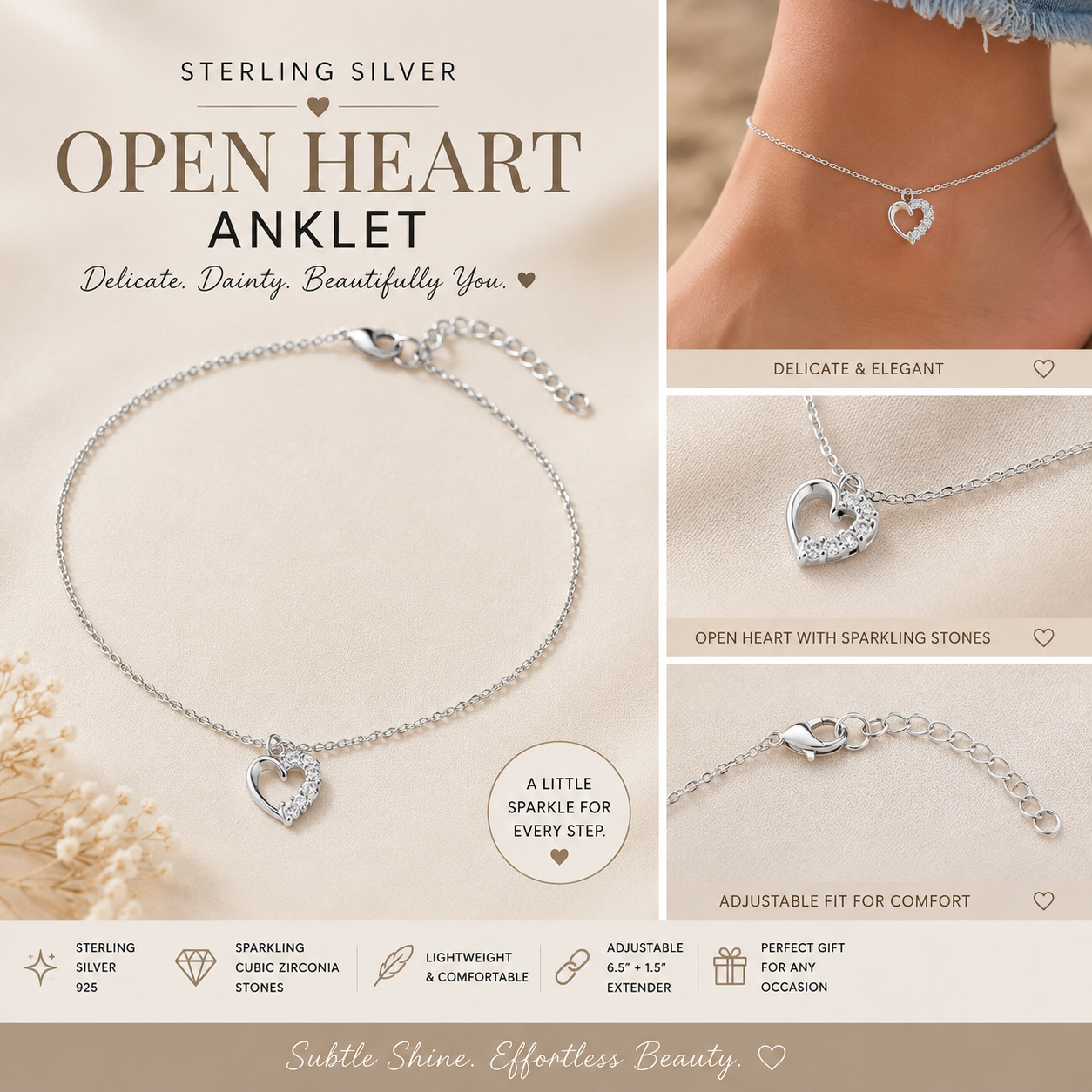 Sterling Silver Open Heart with Stones Anklet