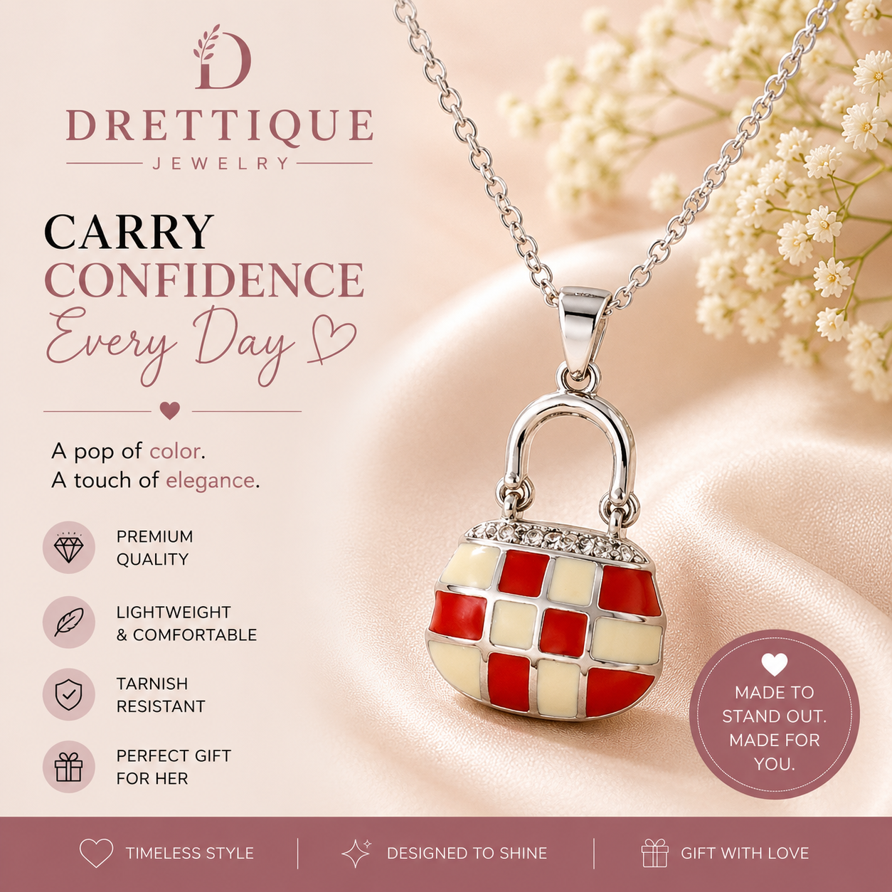 Sterling Silver Red and White Checkered Purse Pendant Necklace with Stones