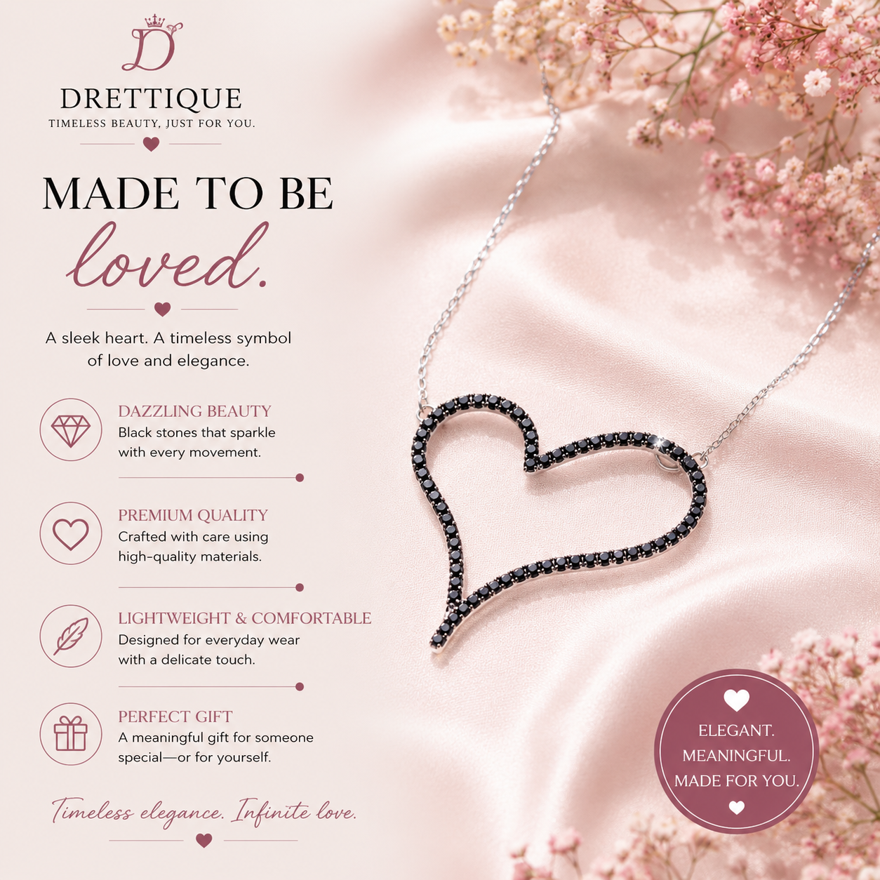 Sterling Silver Large Black Stone Heart Pendant Necklace