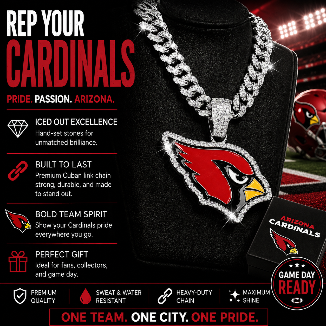 Arizona Cardinals Logo Pendant with or without the Cuban Link Chain Necklace