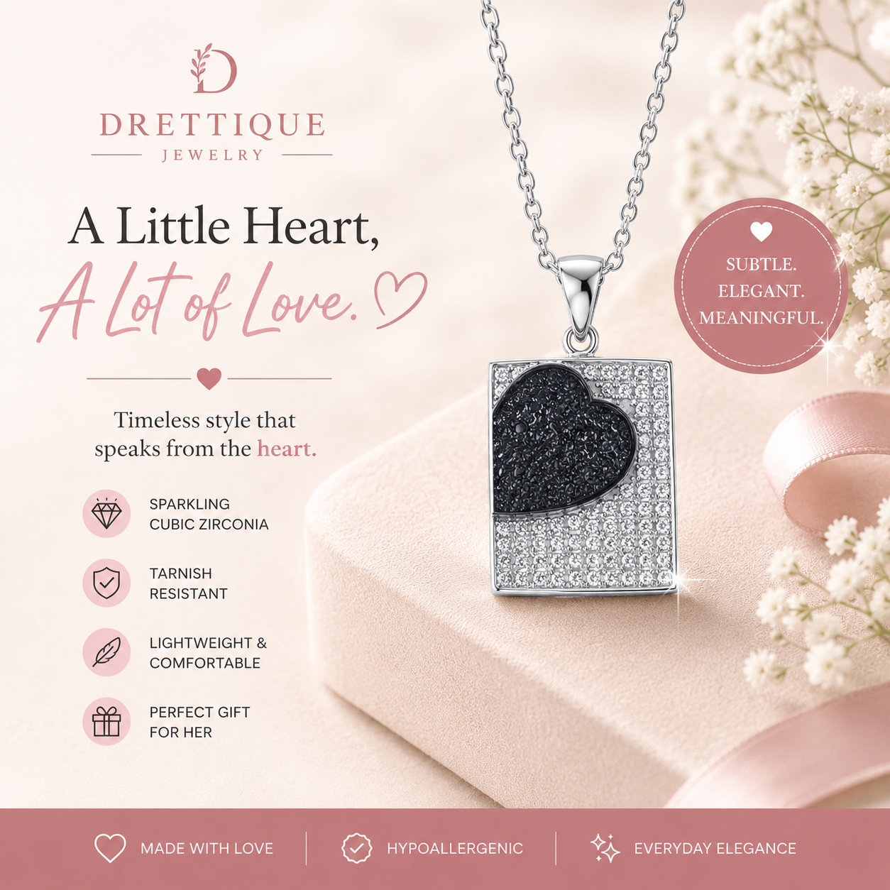 Sterling Silver Clear Stones with a Black Heart Square Pendant Necklace