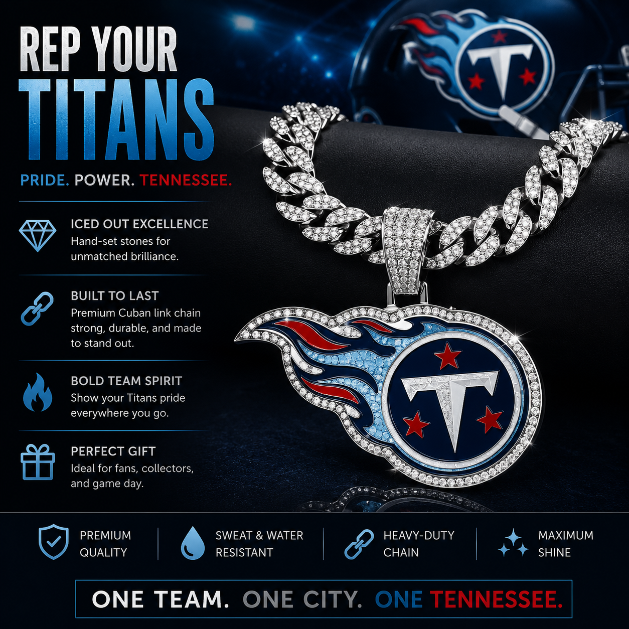 Tennessee Titans Logo Pendant with or without the Cuban Link Chain Necklace