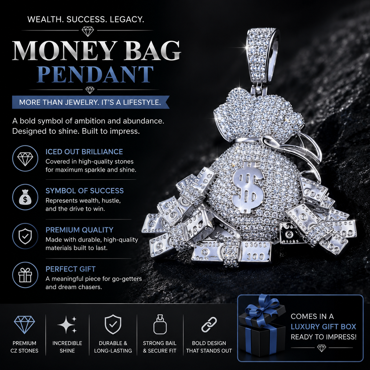 Sterling Silver with Sparkling Stones Money Bag Pendant