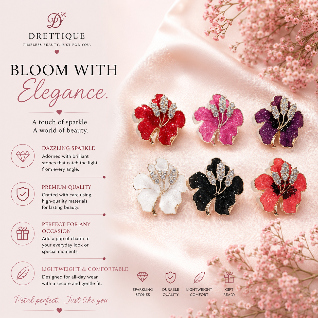 Floral Brooches/Pins with Rhinestones in the Center