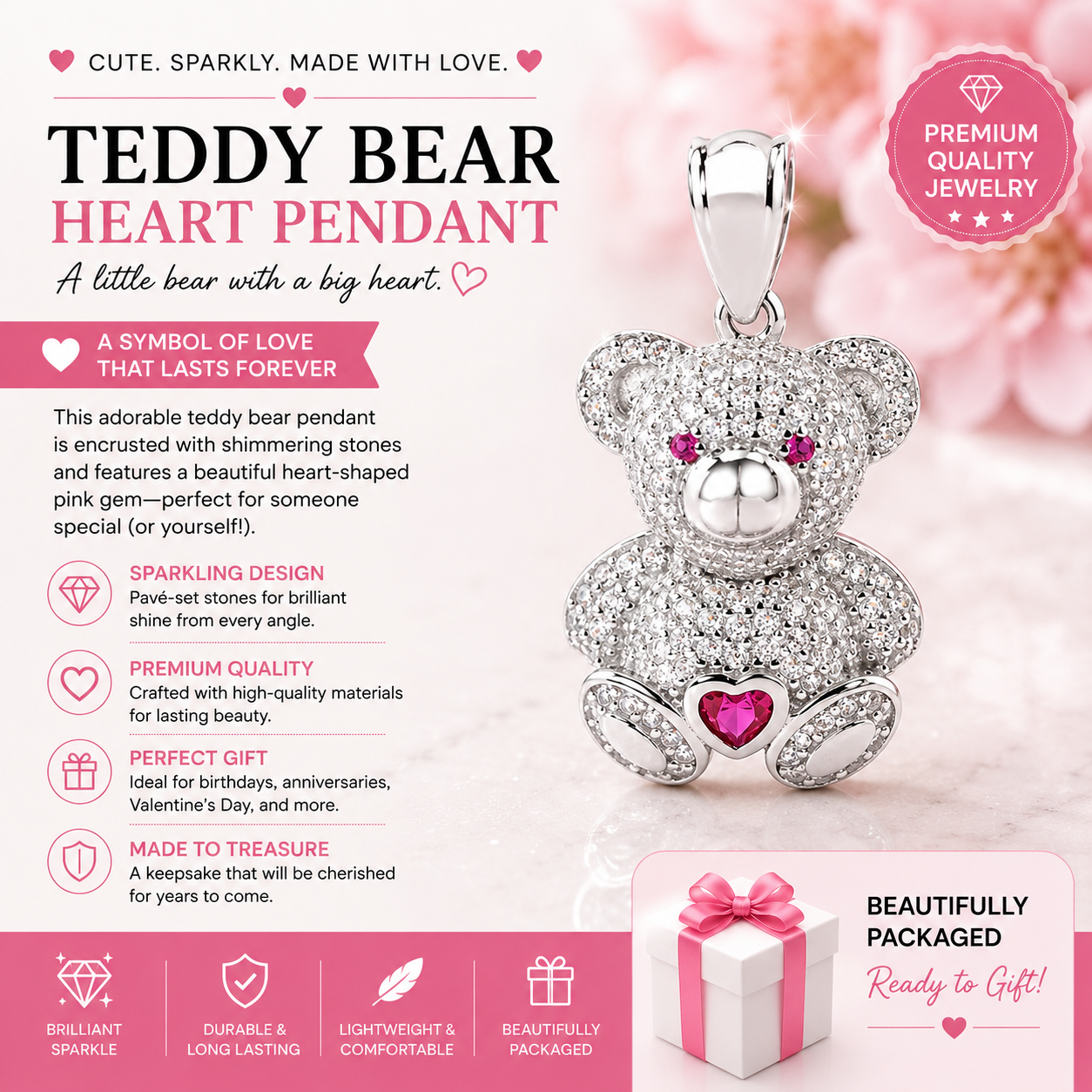 Sterling Silver Teddy Bear Heart Pendant with Clear and Red Stones