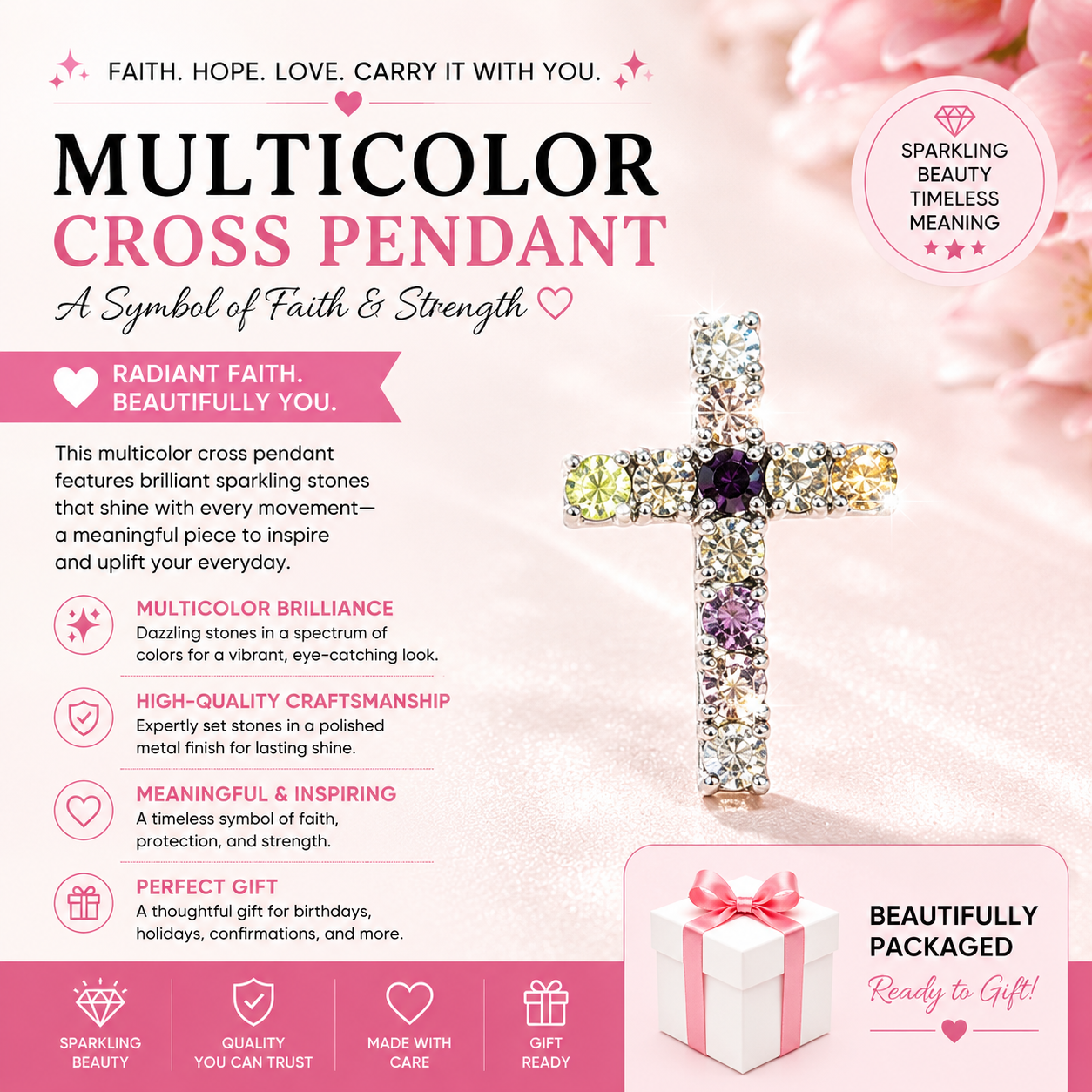 Silver Multi Colored Stone Cross Charm
