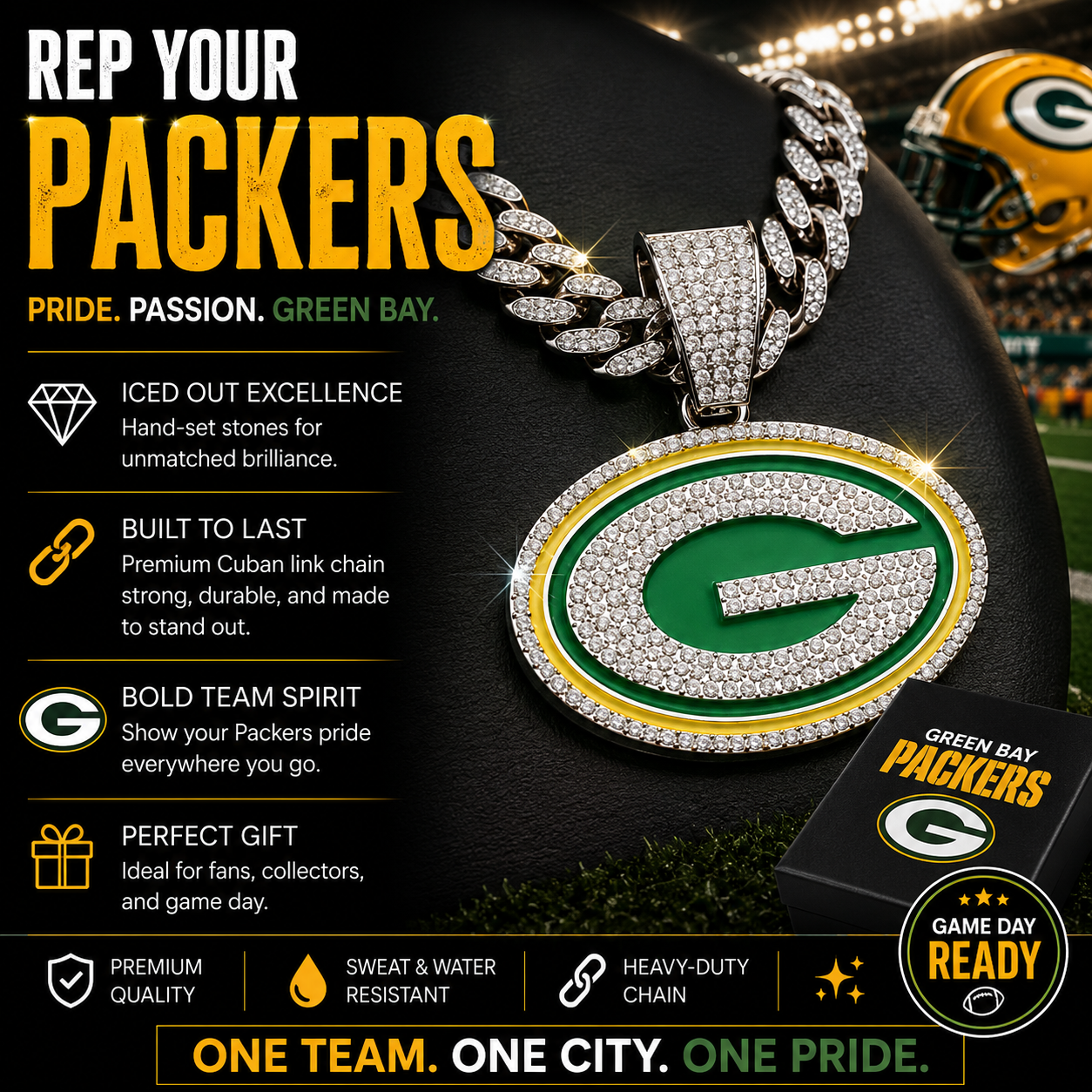 Green Bay Packers Logo Pendant with or without the Cuban Link Chain Necklace