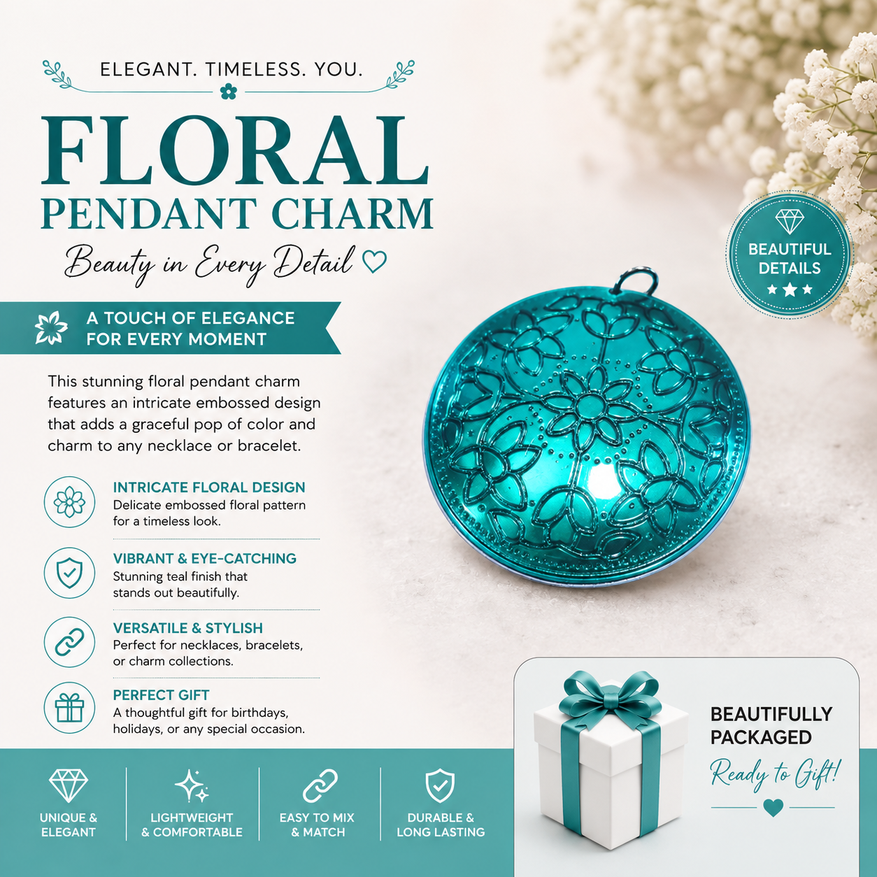 Turquoise Round Printed Flower Pendant