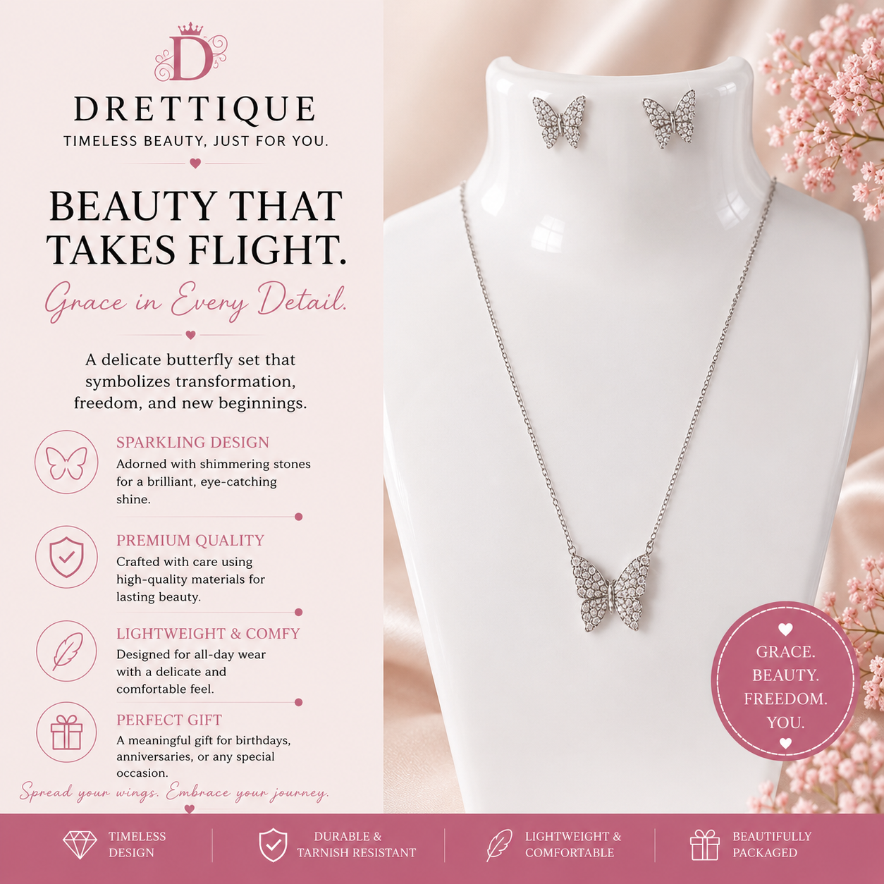 Sterling Silver Miniature Butterfly Pendant Necklace and Earrings Set covered with Sparkling Stones