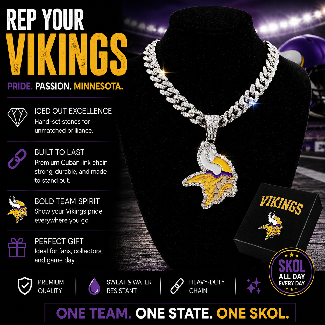 Minnesota Vikings Logo Pendant with or without the Cuban Link Chain Necklace