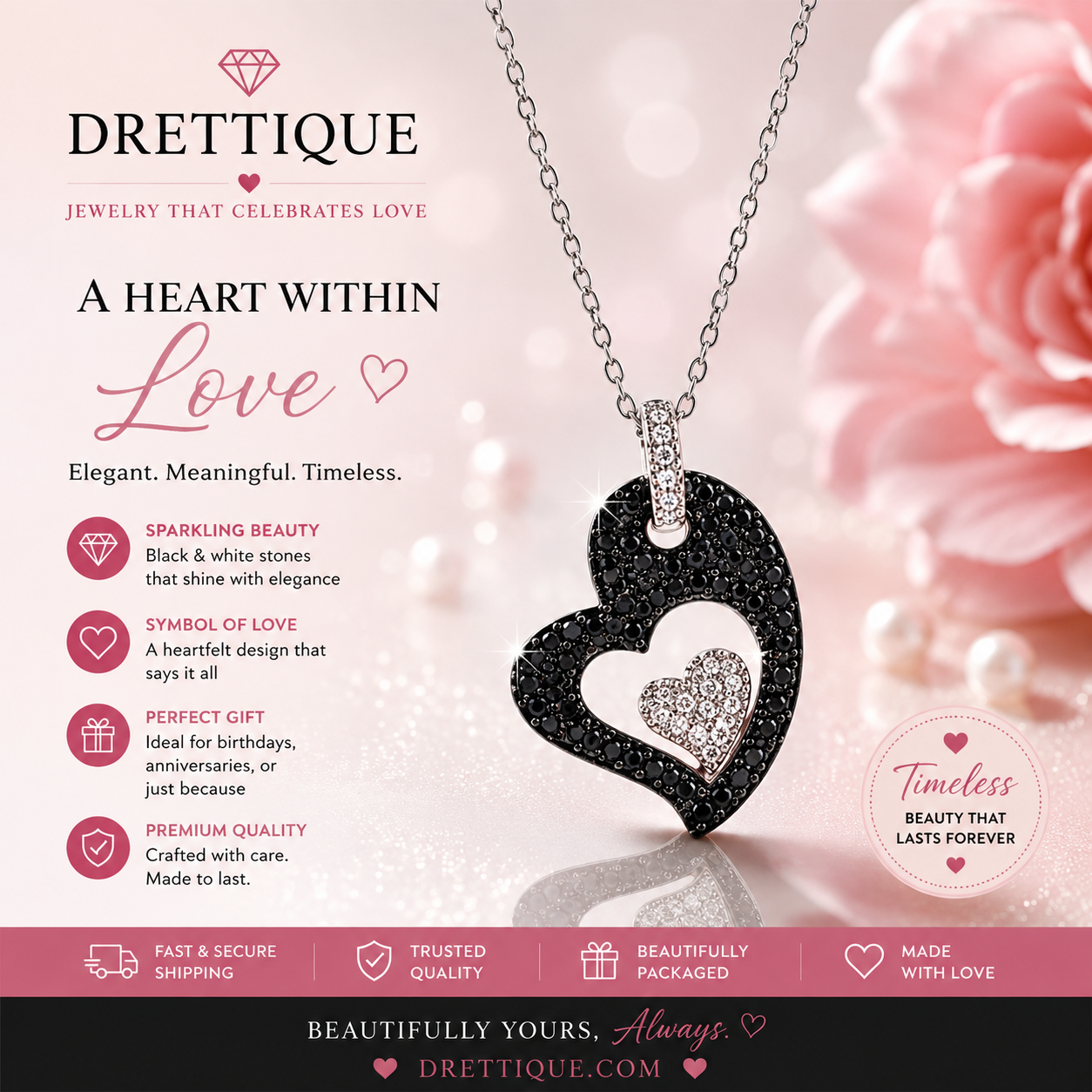 Sterling Silver Black and White Stone Heart Pendant Necklace