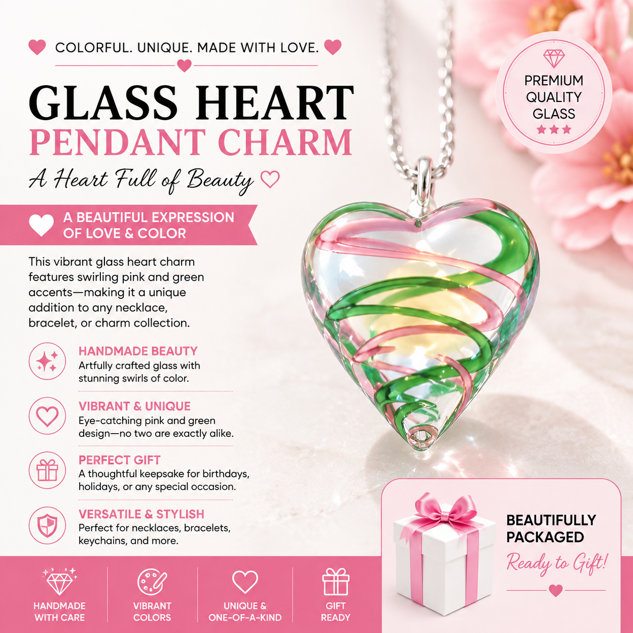 Pink and Green Striped Handblown Clear Pendant