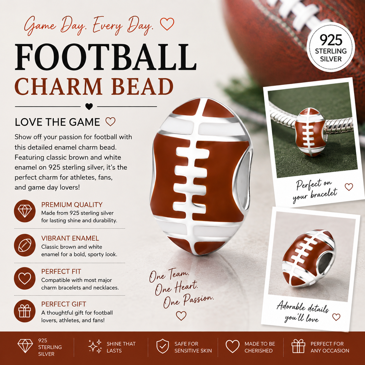 Sterling Silver Football Bracelet Charm