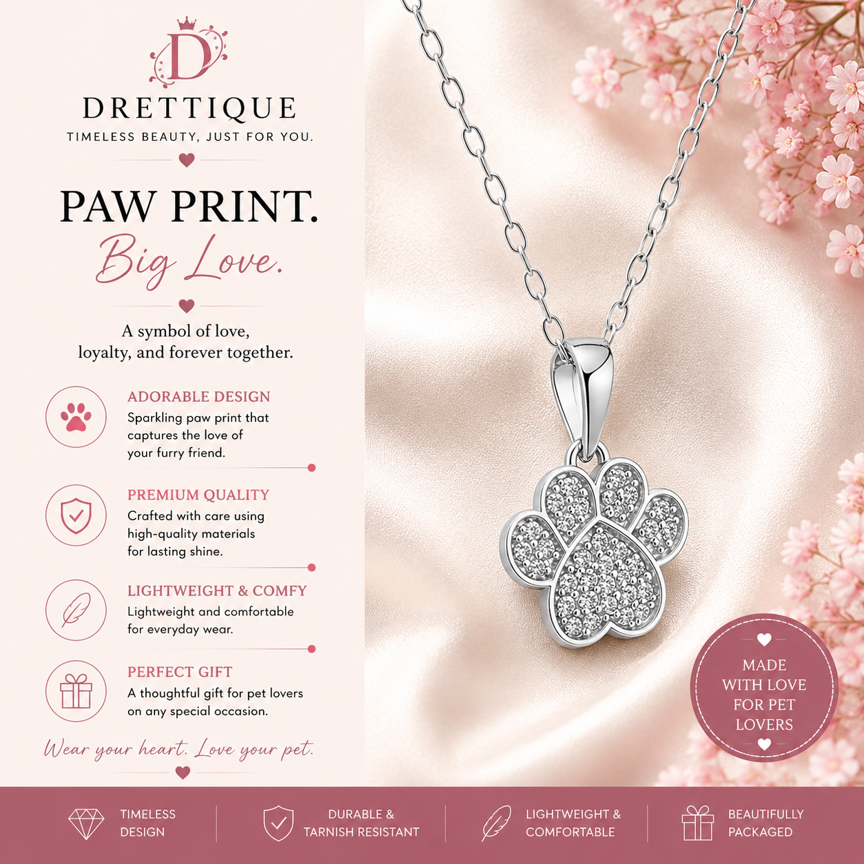 Sterling Silver Paw Pendant Necklace covered with Sparkling Stones