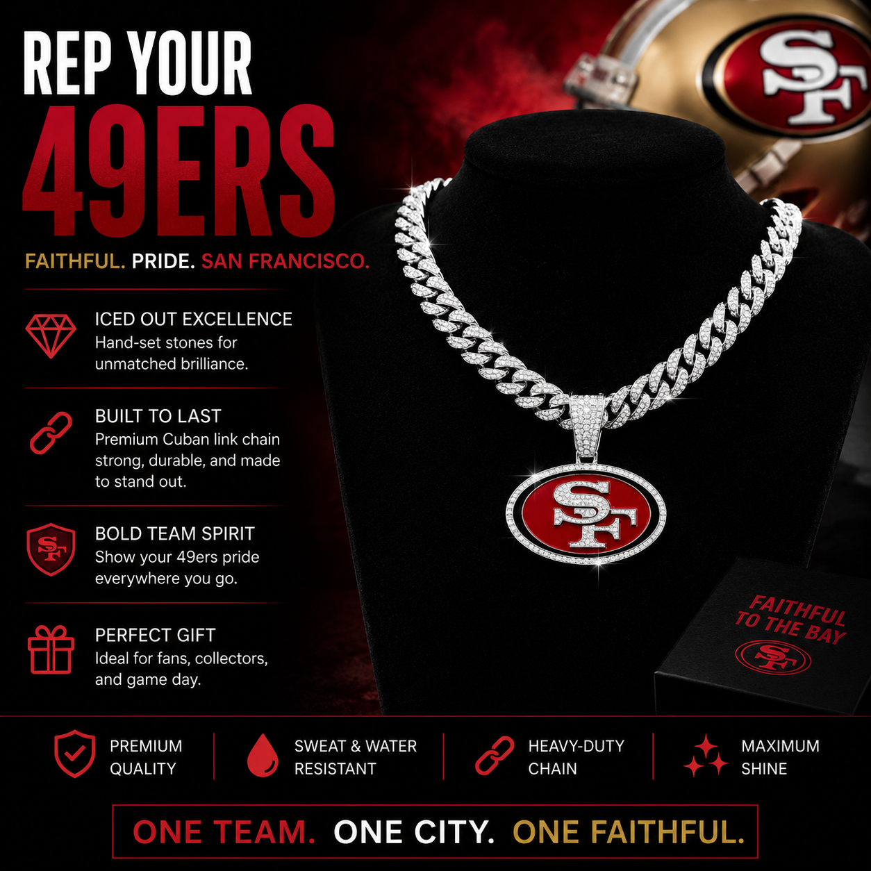 San Francisco 49ers Logo Pendant with or without the Cuban Link Chain Necklace