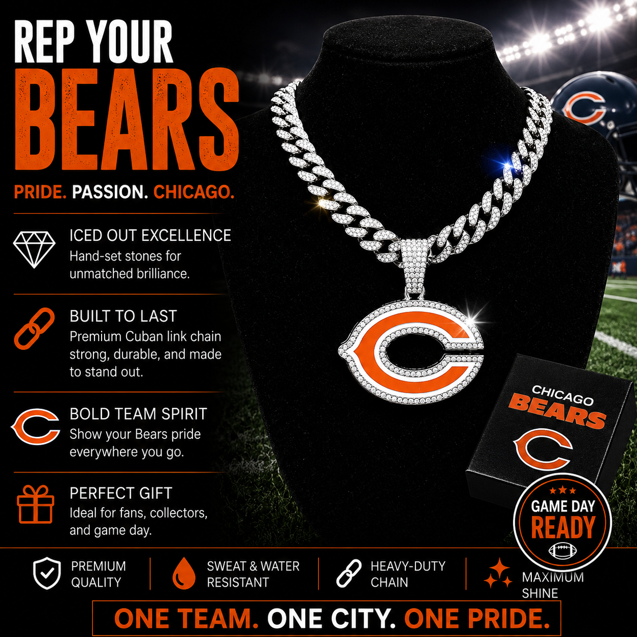 Silver or Gold Chicago Bears Logo Pendant with or without the Cuban Link Chain Necklace