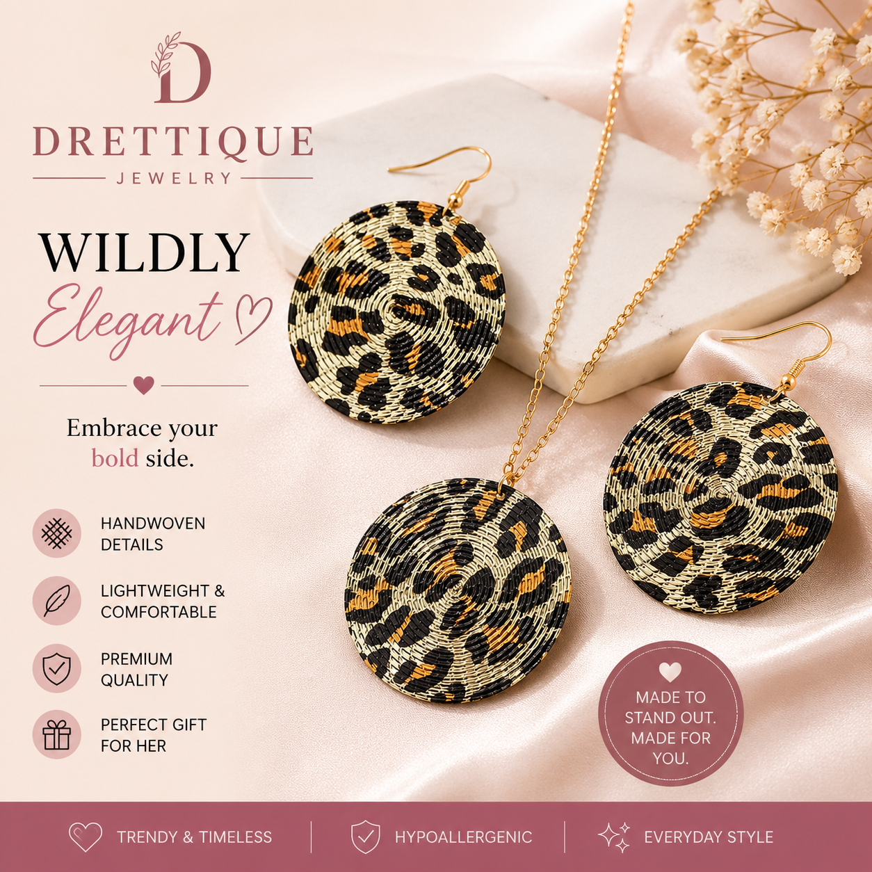 Gold Cheetah Print Necklace with Matching Earrings