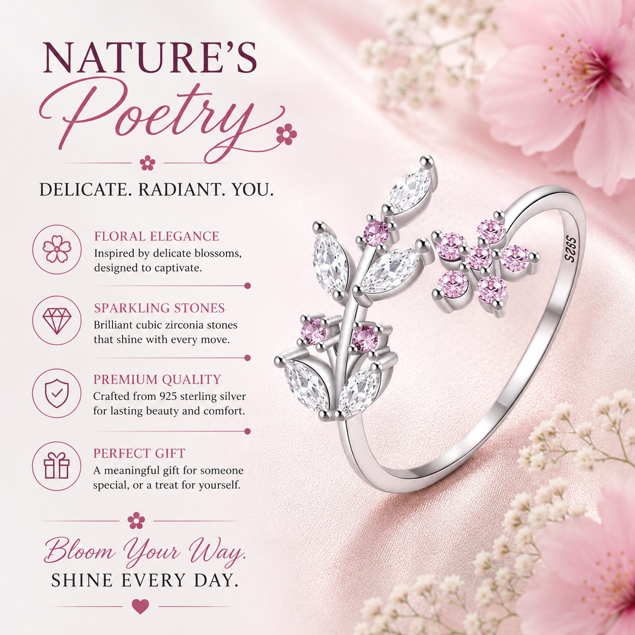 Sterling Silver Elegant Leaves Adjustable Ring with Pink Sparkling Stones