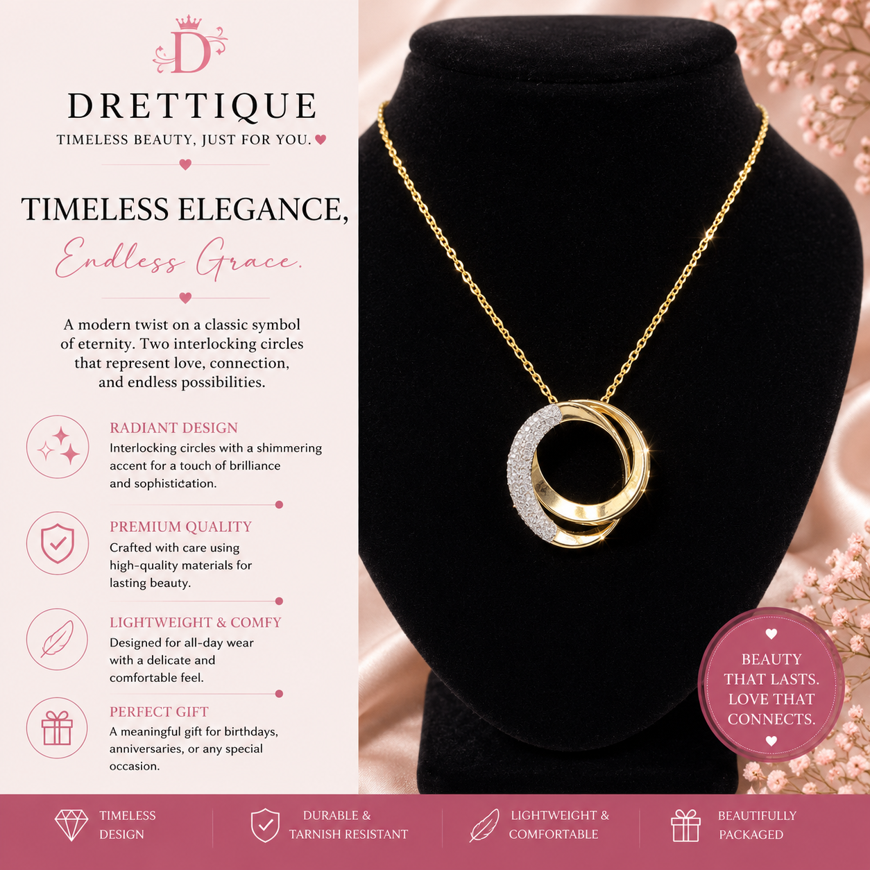 Sterling Silver in 18KT Gold Double Circle Intertwining Pendant Necklace with Sparkling Stones