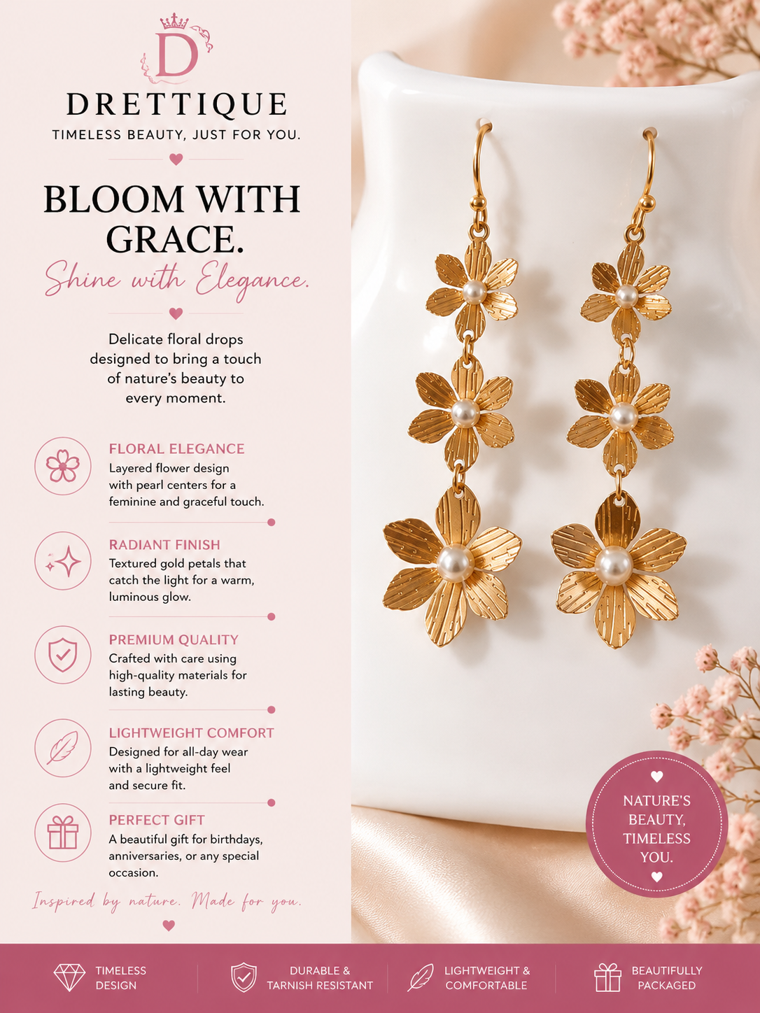 Gold Flower Earrings with Center Pearl Stone