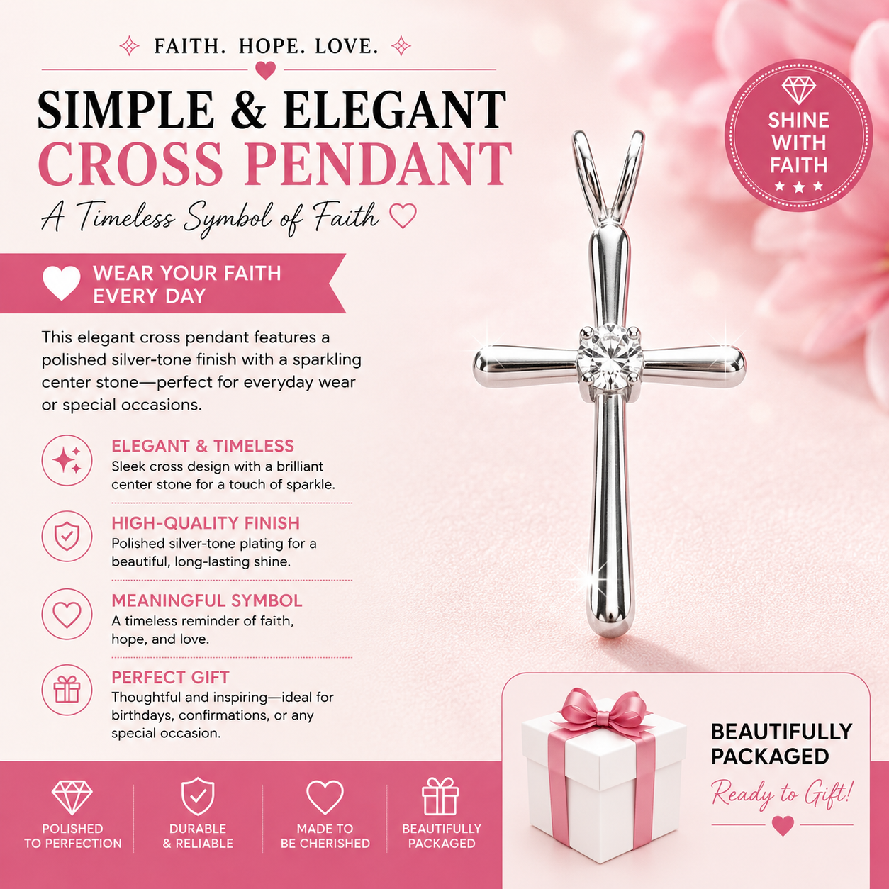 Sterling Silver Cross Charm with Cubic Zirconia Center Stone