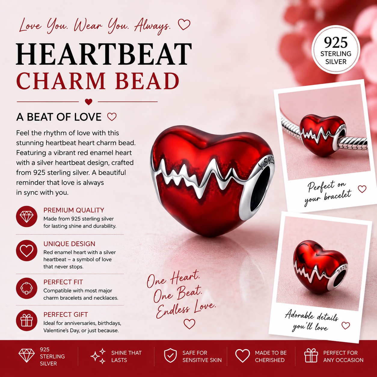 Sterling Silver Red Heart Bracelet Charm